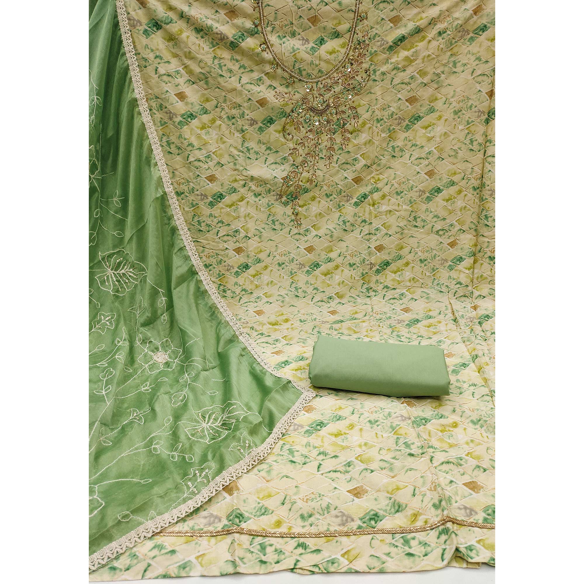 Cream & Pista Green Printed With Handwork Pure Cotton Dress Material