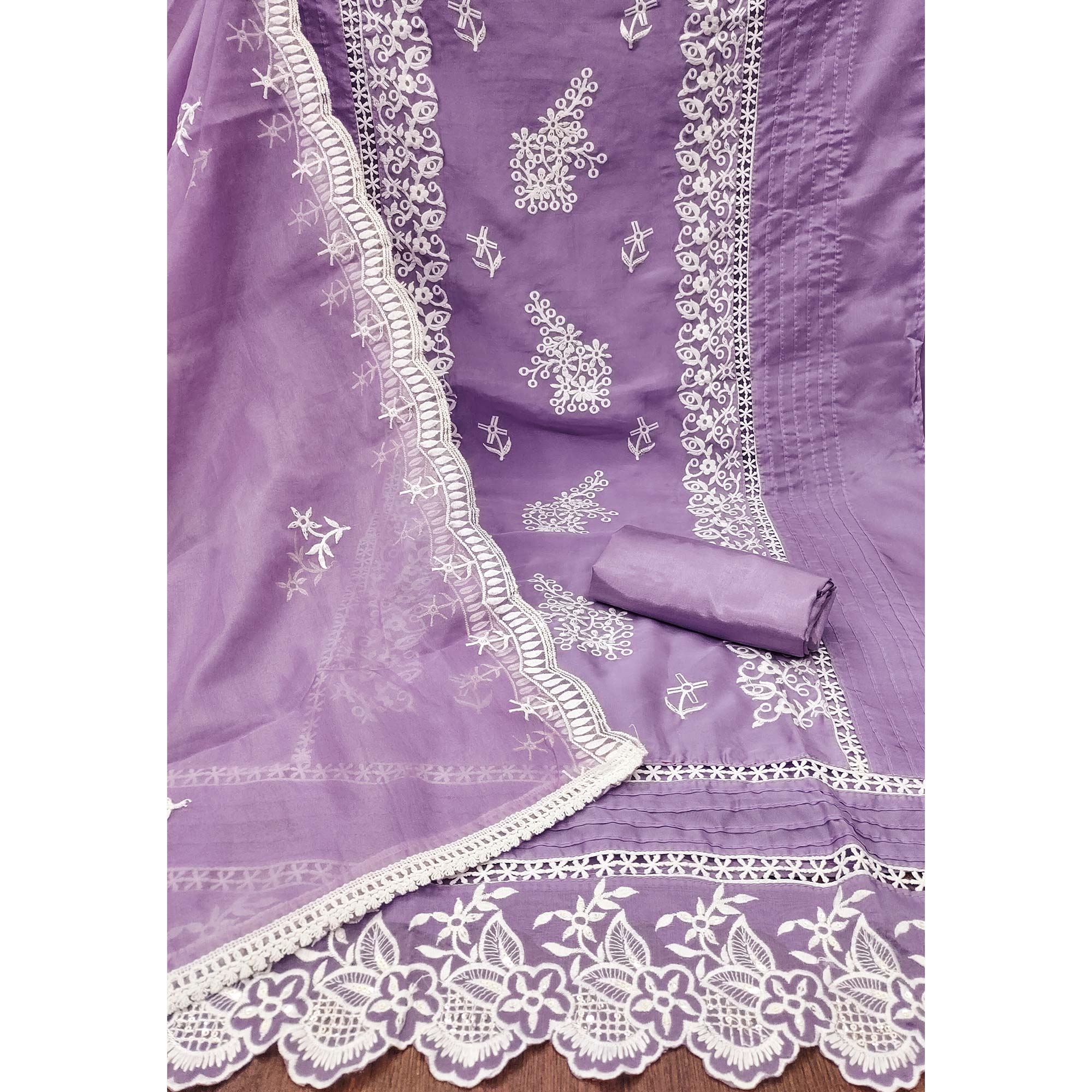 Lavender Floral Sequins Embroidered Organza Dress Material