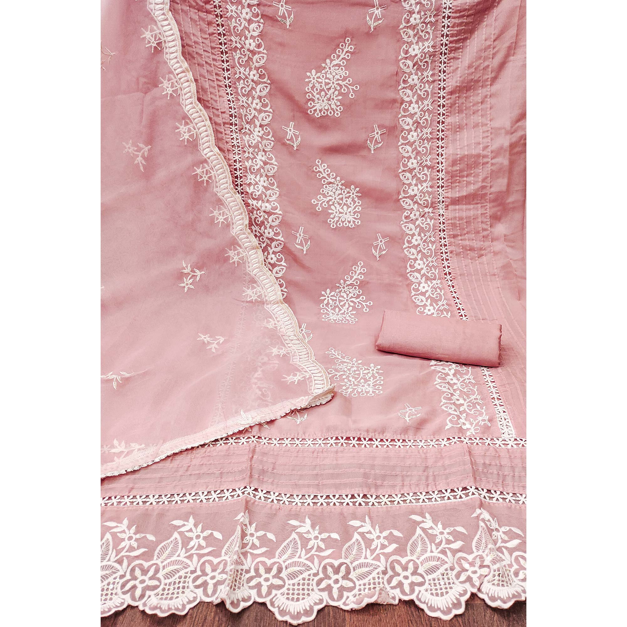 Peach Floral Sequins Embroidered Organza Dress Material