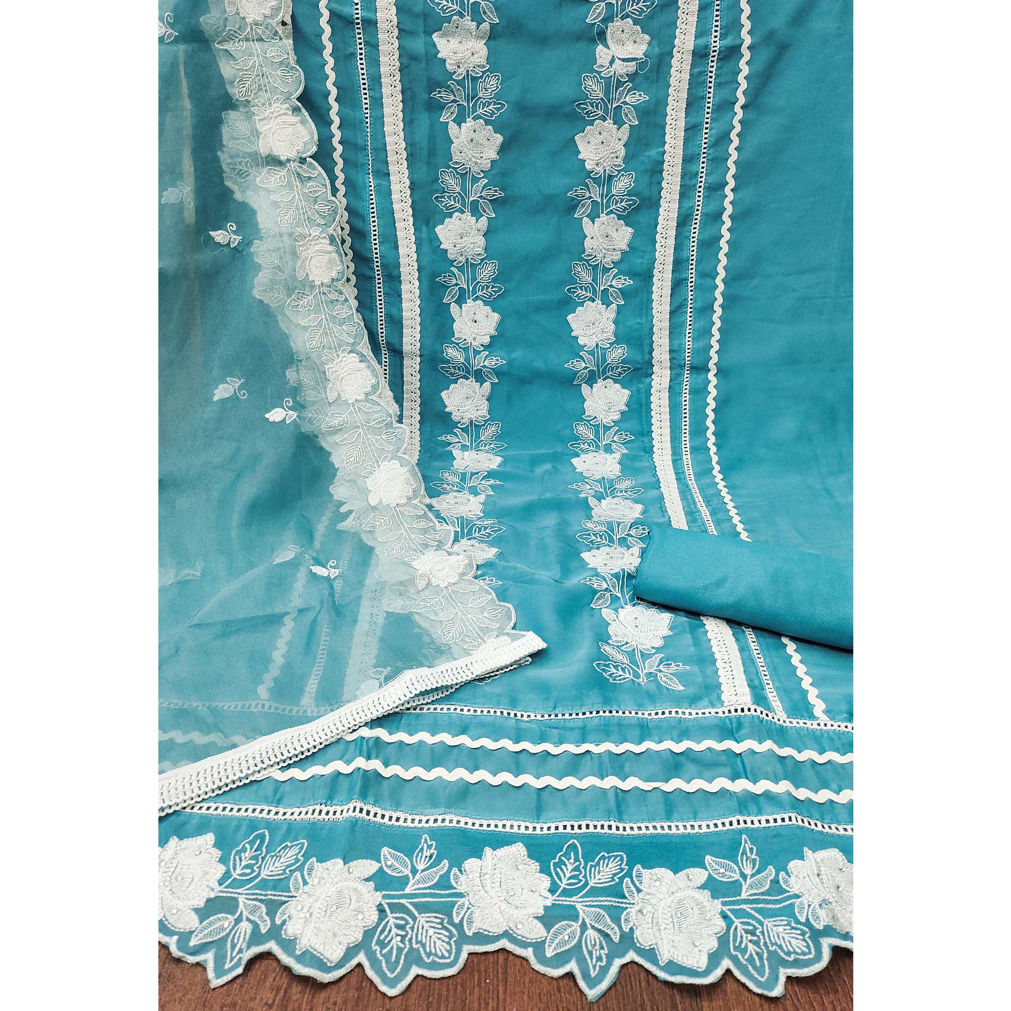 Blue Floral Embroidery With Stonework Organza Dress Material