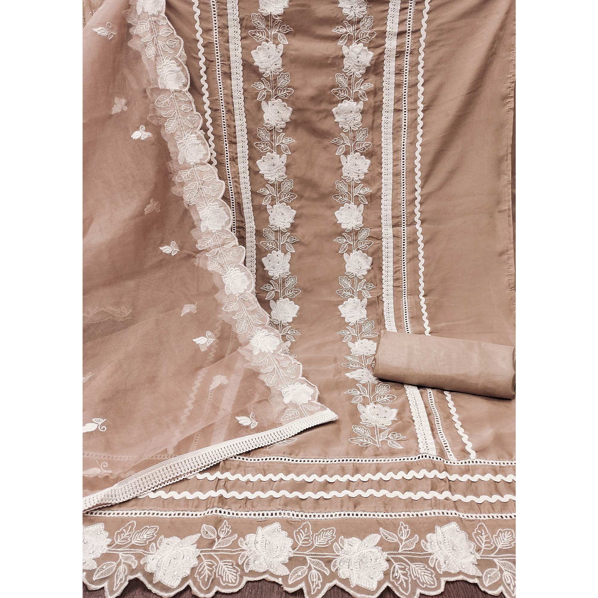 Light Brown Floral Embroidery With Stonework Organza Dress Material
