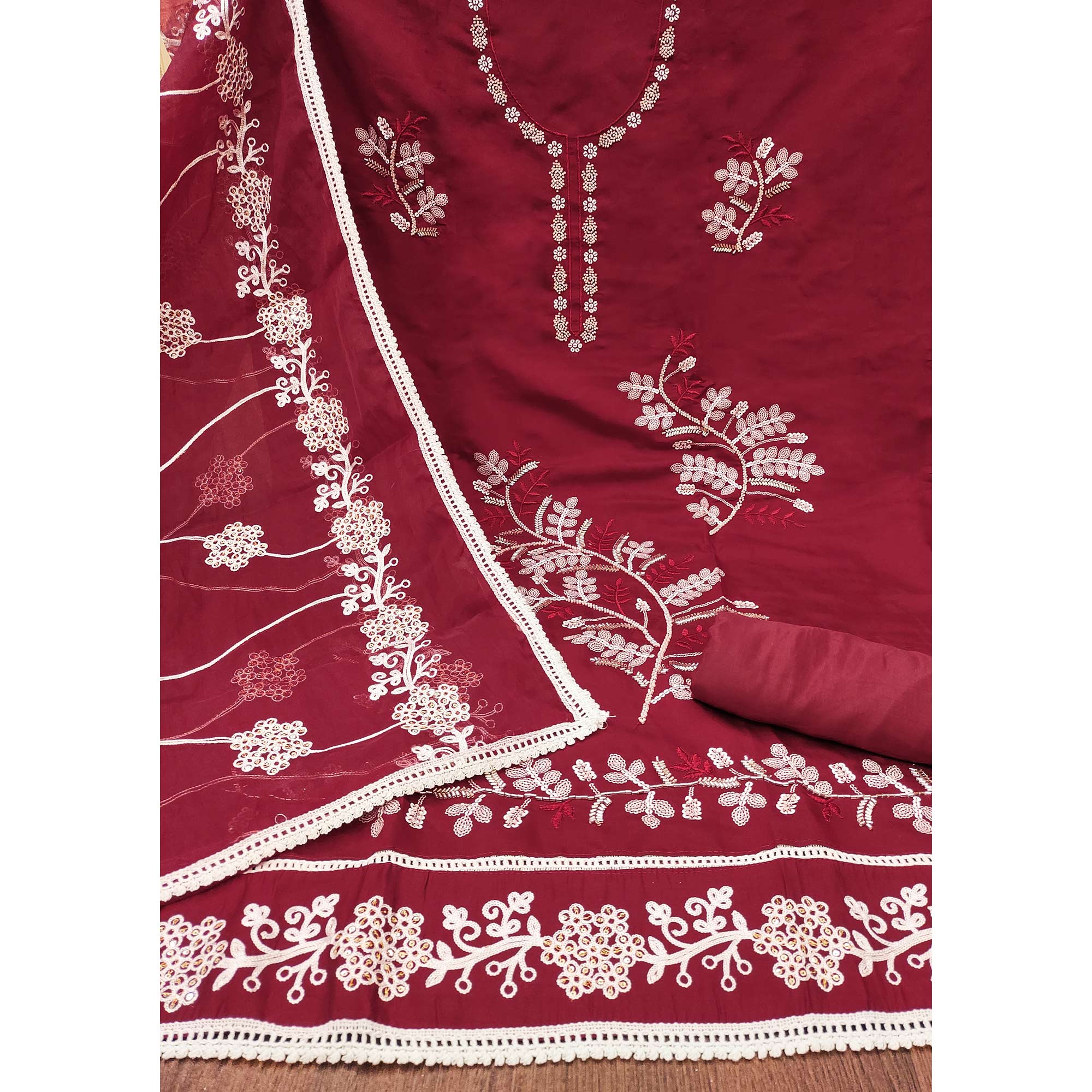 Maroon Floral Sequins Embroidery With Handwork Cotton Silk Dress Material