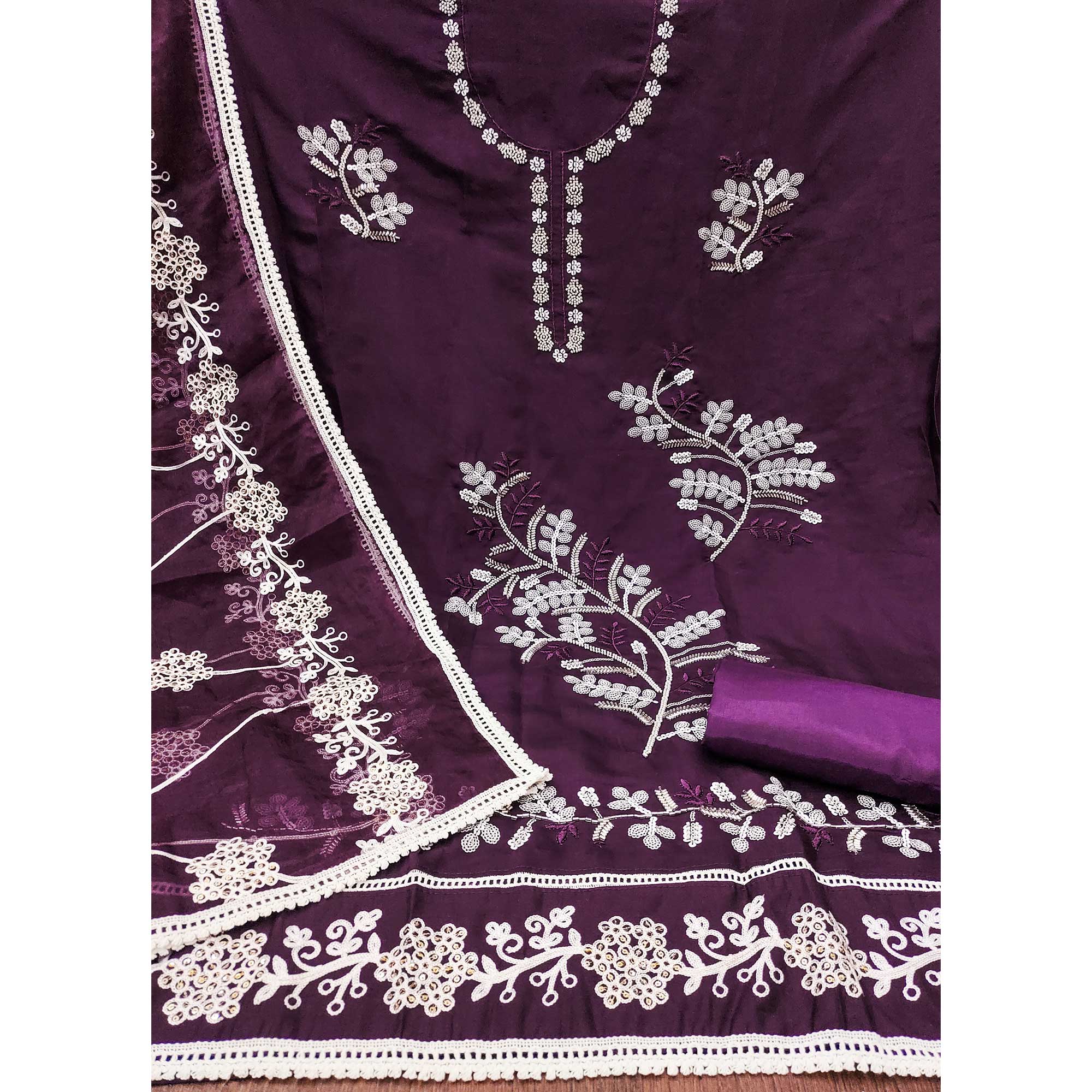 Purple Floral Sequins Embroidery With Handwork Cotton Silk Dress Material