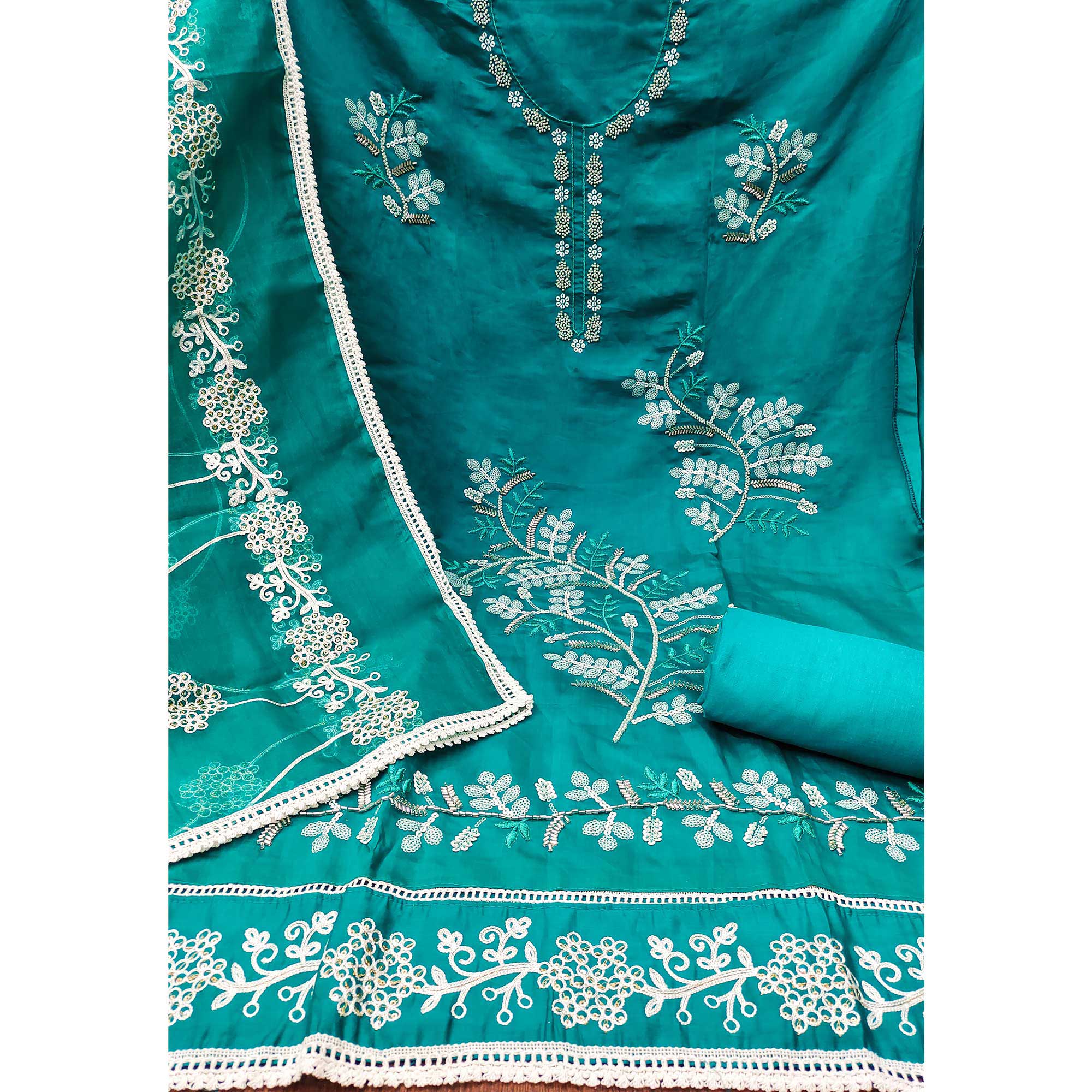 Rama Blue Floral Sequins Embroidery With Handwork Cotton Silk Dress Material
