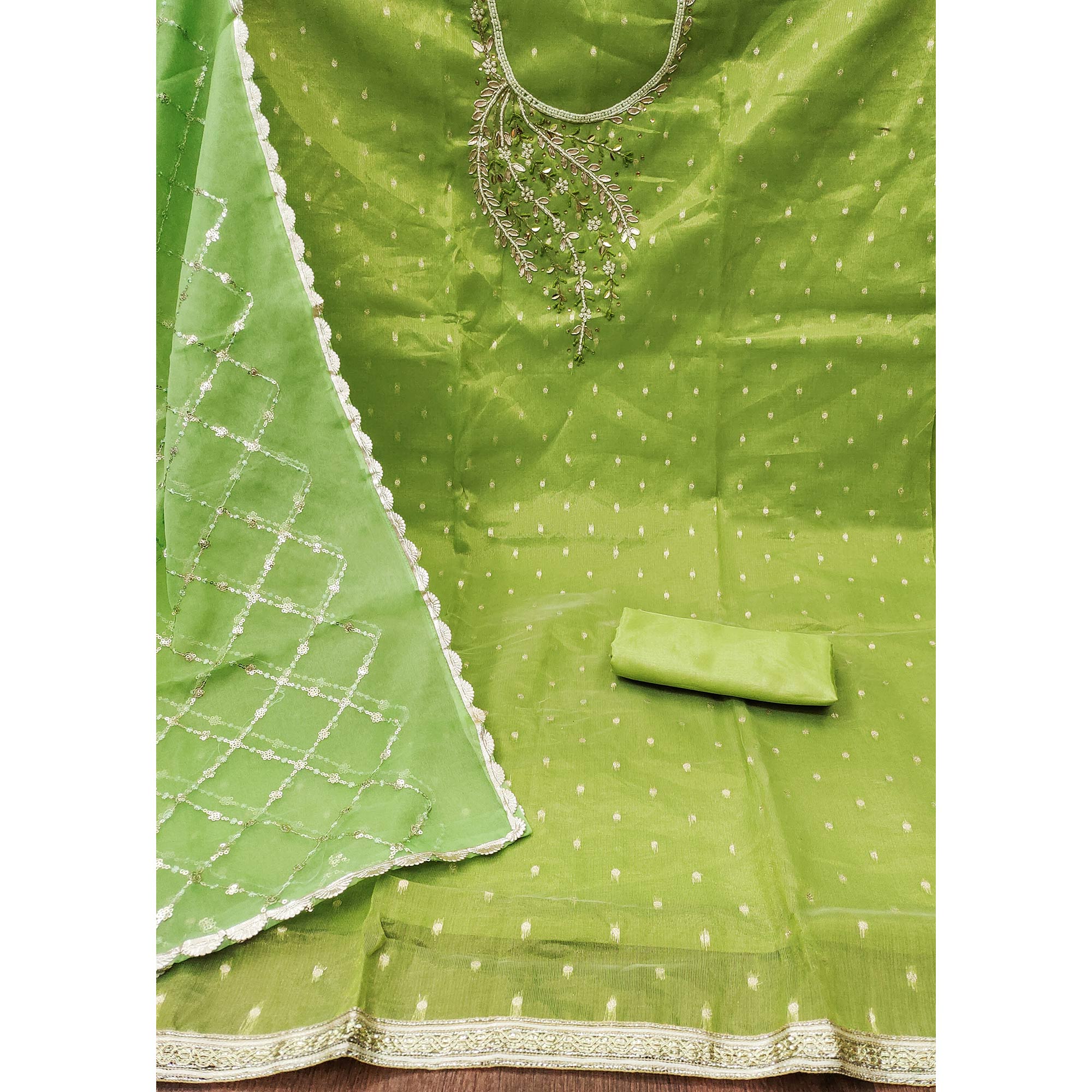 Green Woven With Handwork Shimmer Banarasi Silk Material Material