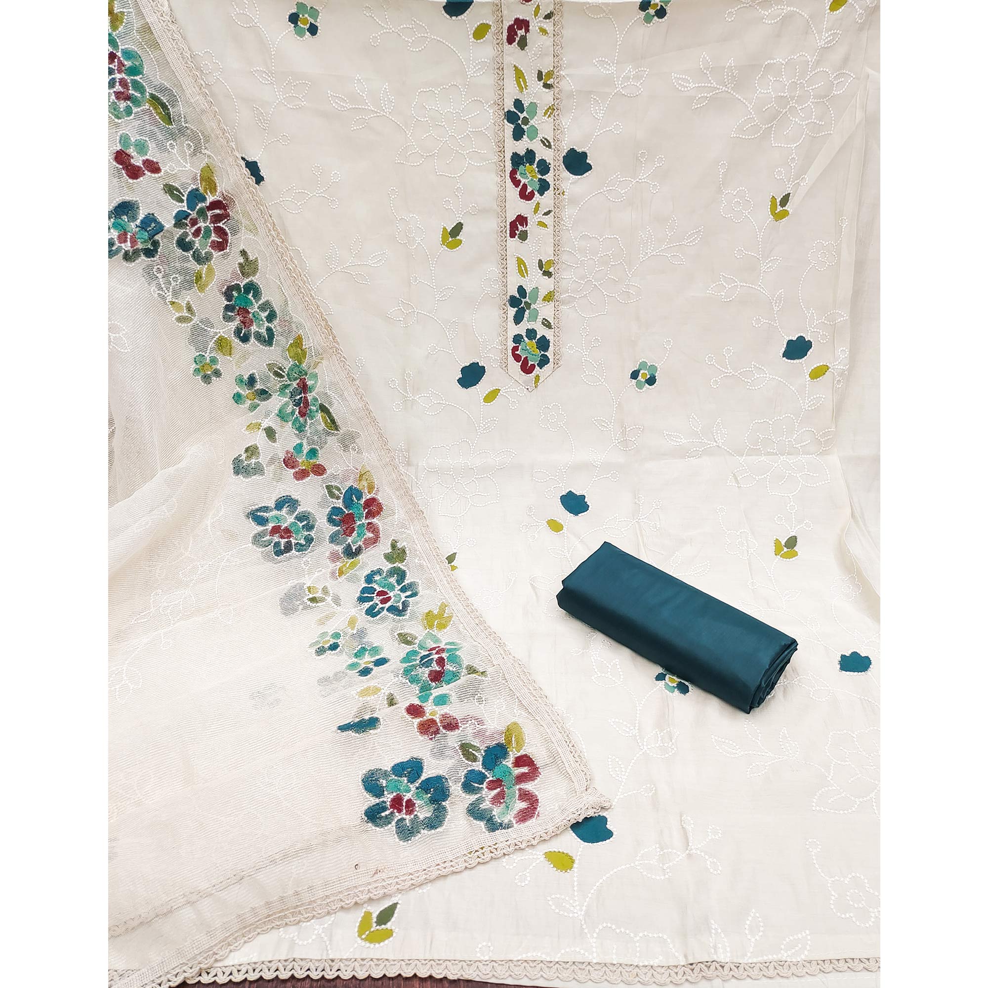 Offwhite & Morpich Floral Embroidery With Printed Roman Cotton Silk Material Material