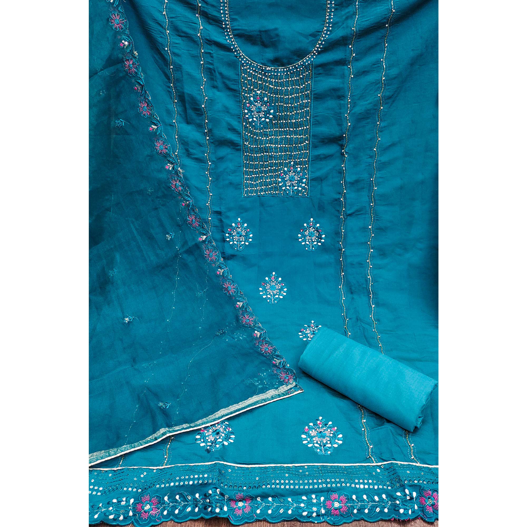 Blue Floral Embroidery With Handwork Roman Cotton Silk Material Material