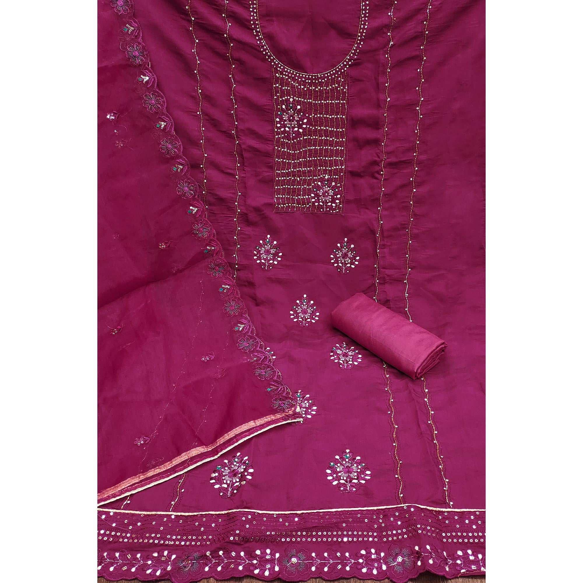 Magenta Floral Embroidery With Handwork Roman Cotton Silk Material Material