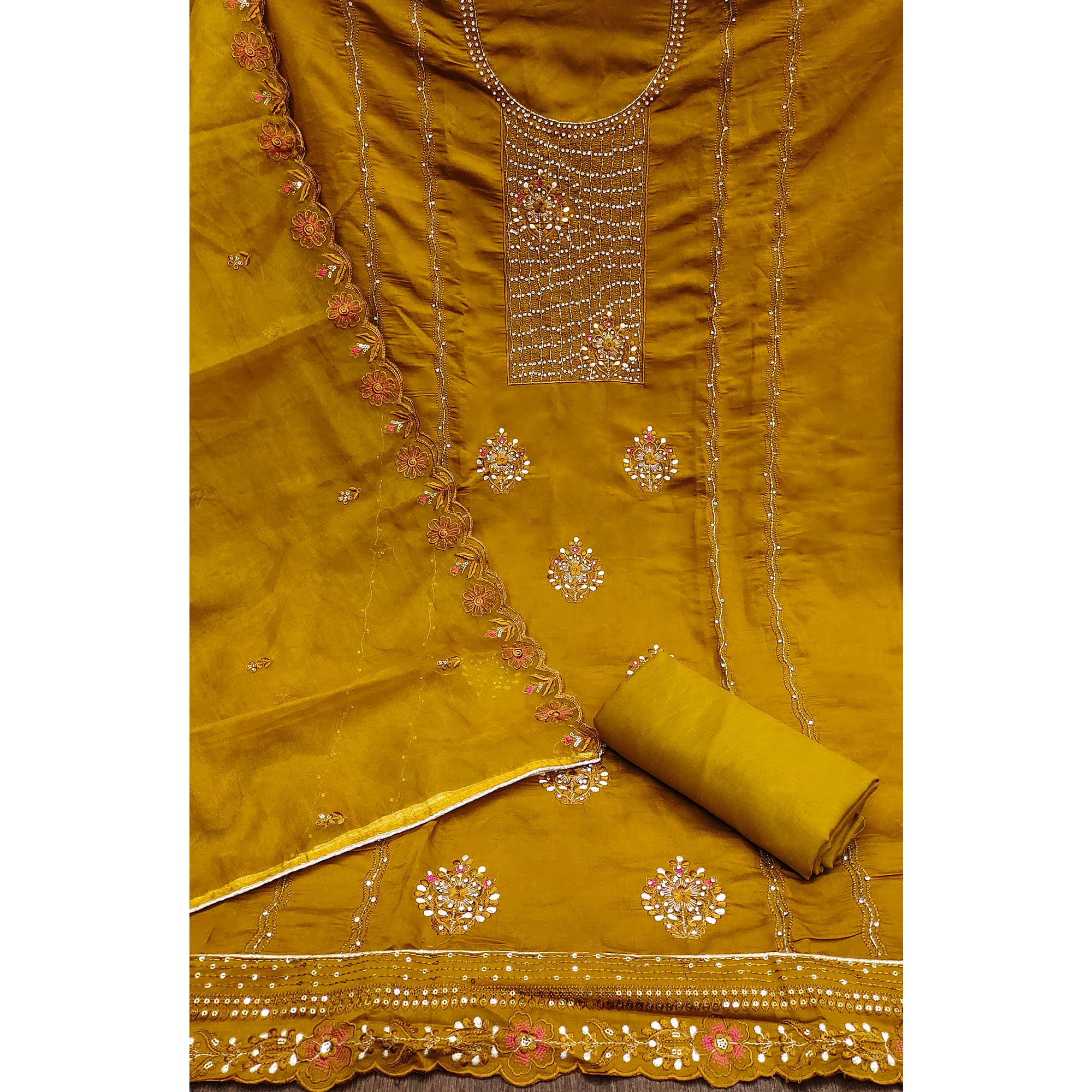 Mustard Floral Embroidery With Handwork Roman Cotton Silk Material Material