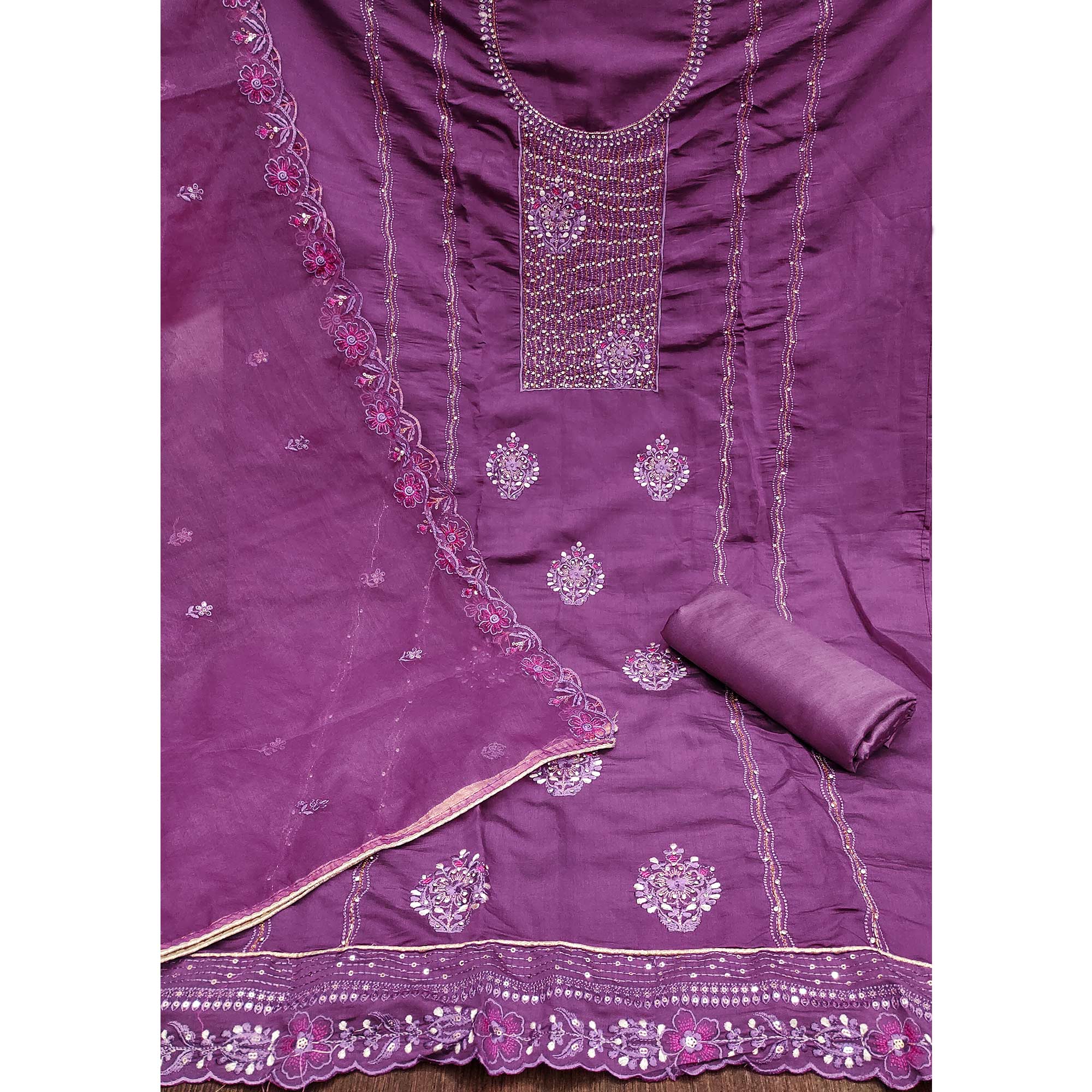 Purple Floral Embroidery With Handwork Roman Cotton Silk Material Material