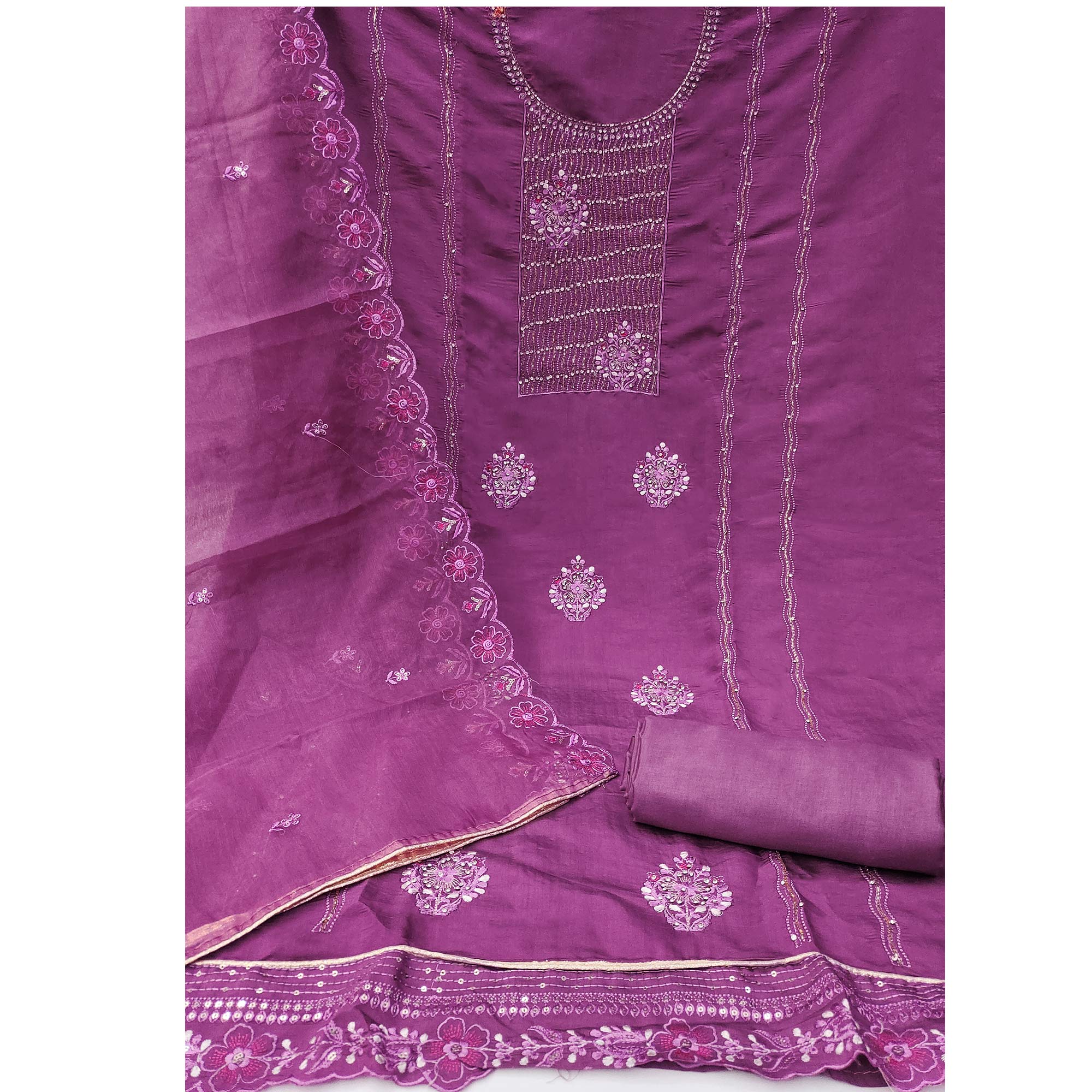 Purple Floral Embroidery With Stonework Cotton Silk Dress Material