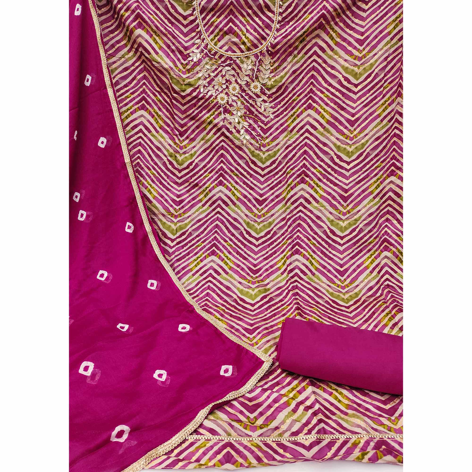 Magenta Zig Zag Printed With Floral Handwork Roman Cotton Silk Dress Material