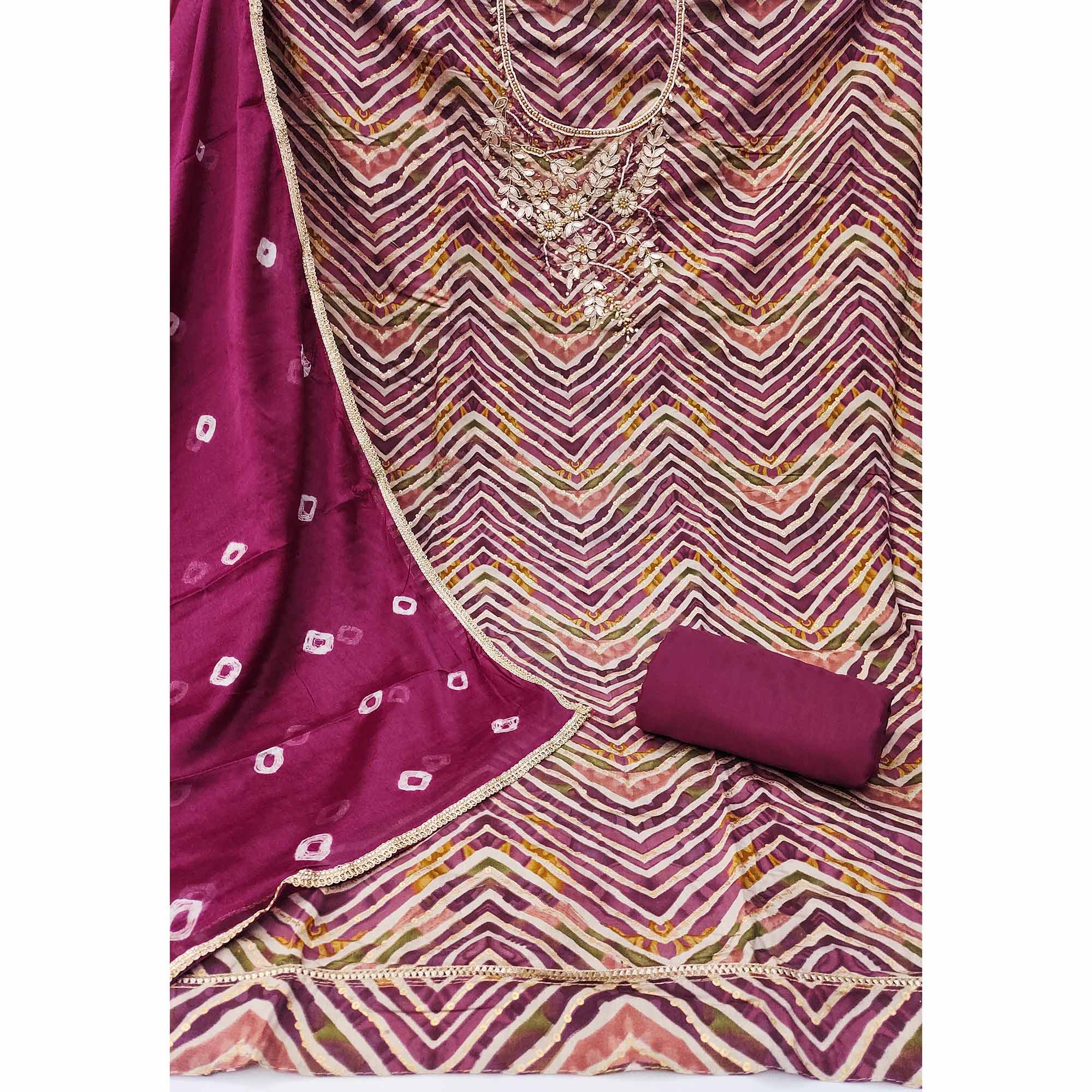 Wine Zig Zag Printed With Floral Handwork Roman Cotton Silk Dress Material