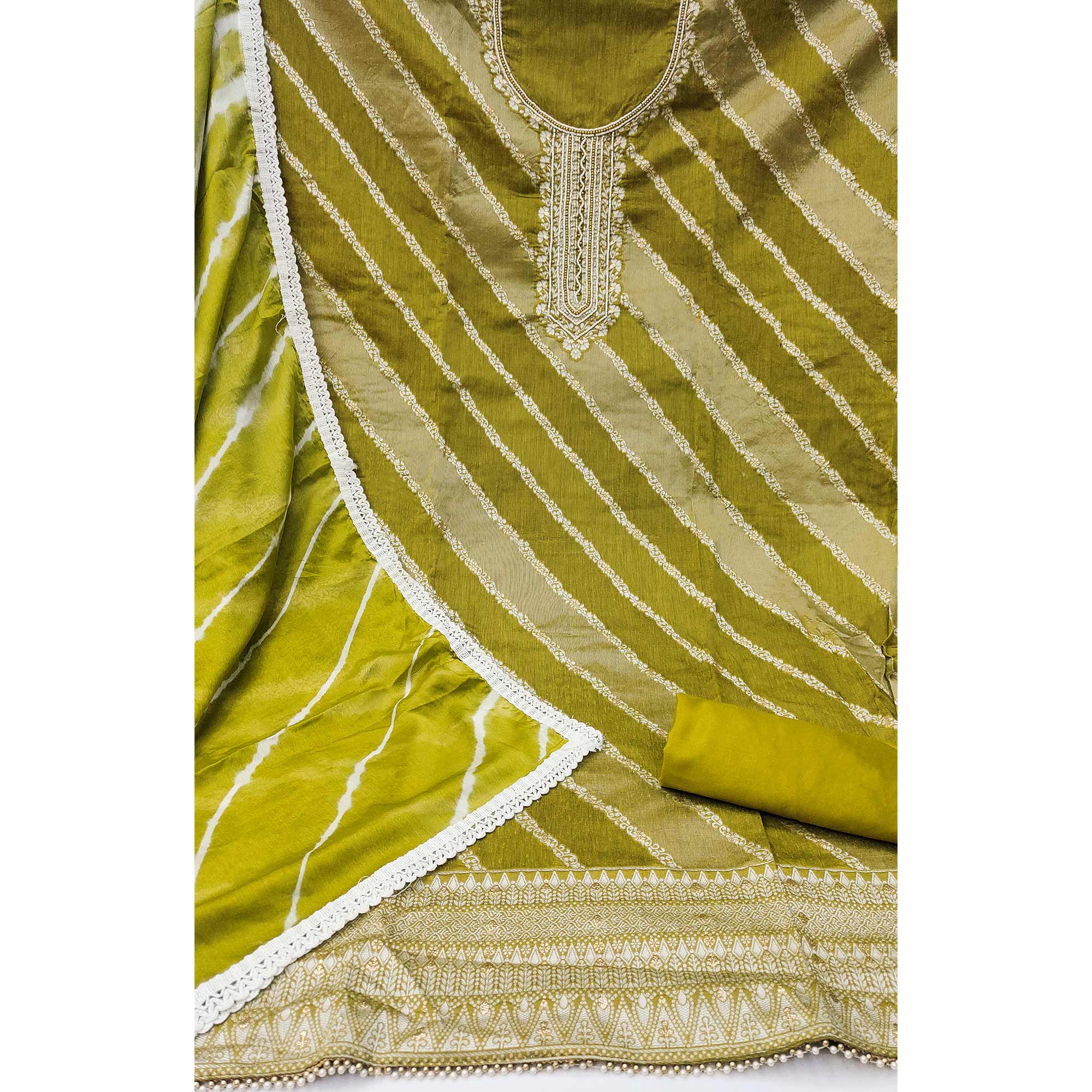 Green Floral Woven With Handwork Banarasi Silk Dress Material