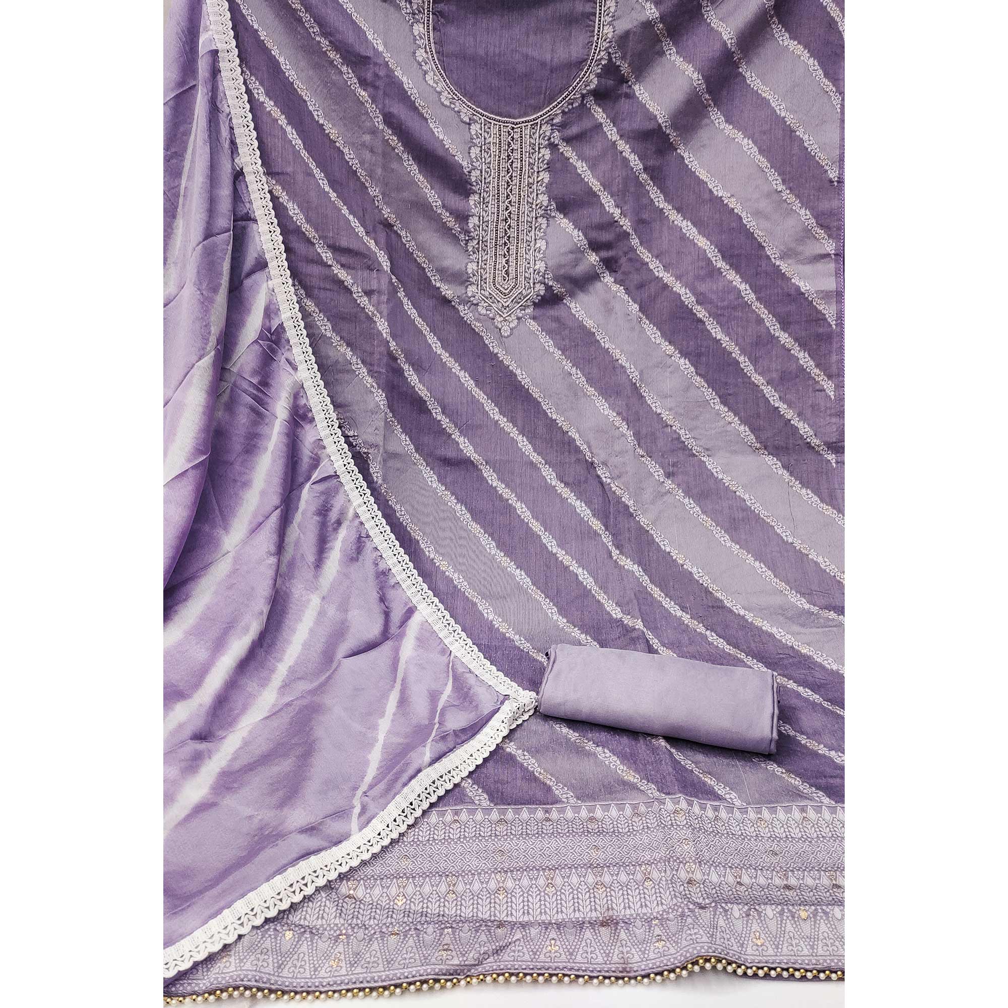 Lavender Floral Woven With Handwork Banarasi Silk Dress Material