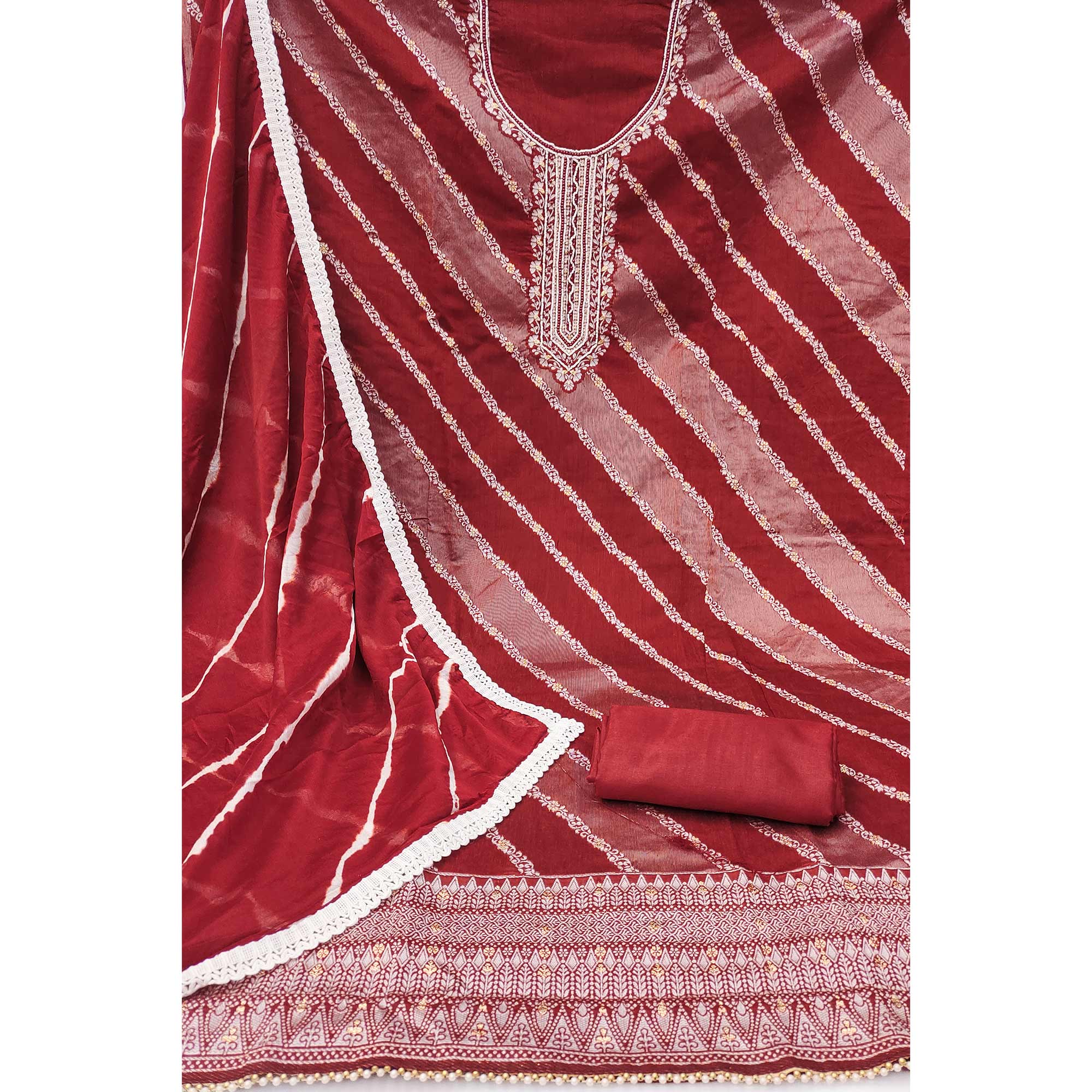 Red Floral Woven With Handwork Banarasi Silk Dress Material