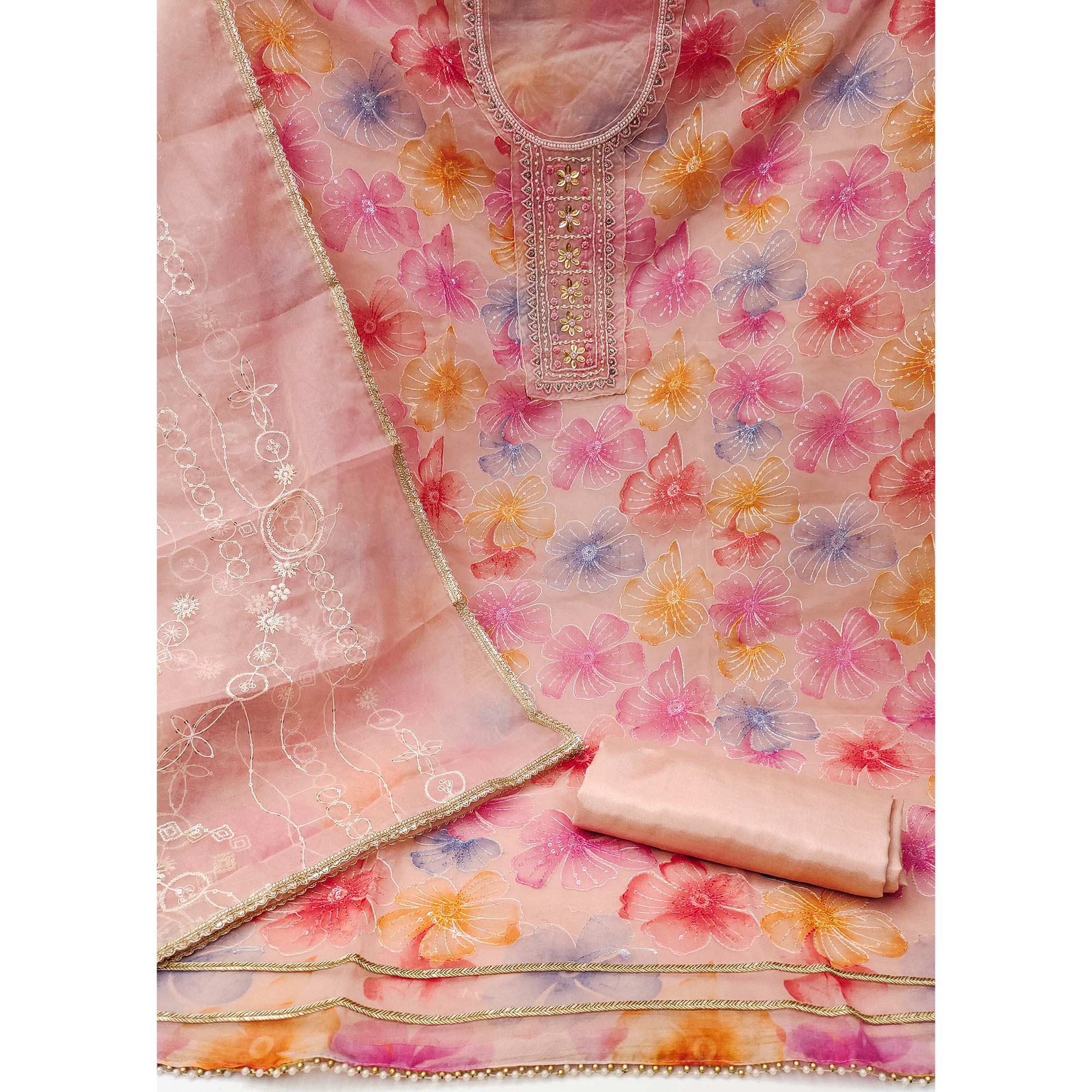 Peach Floral Sequins Embroidery With Handwork Organza Dress Material