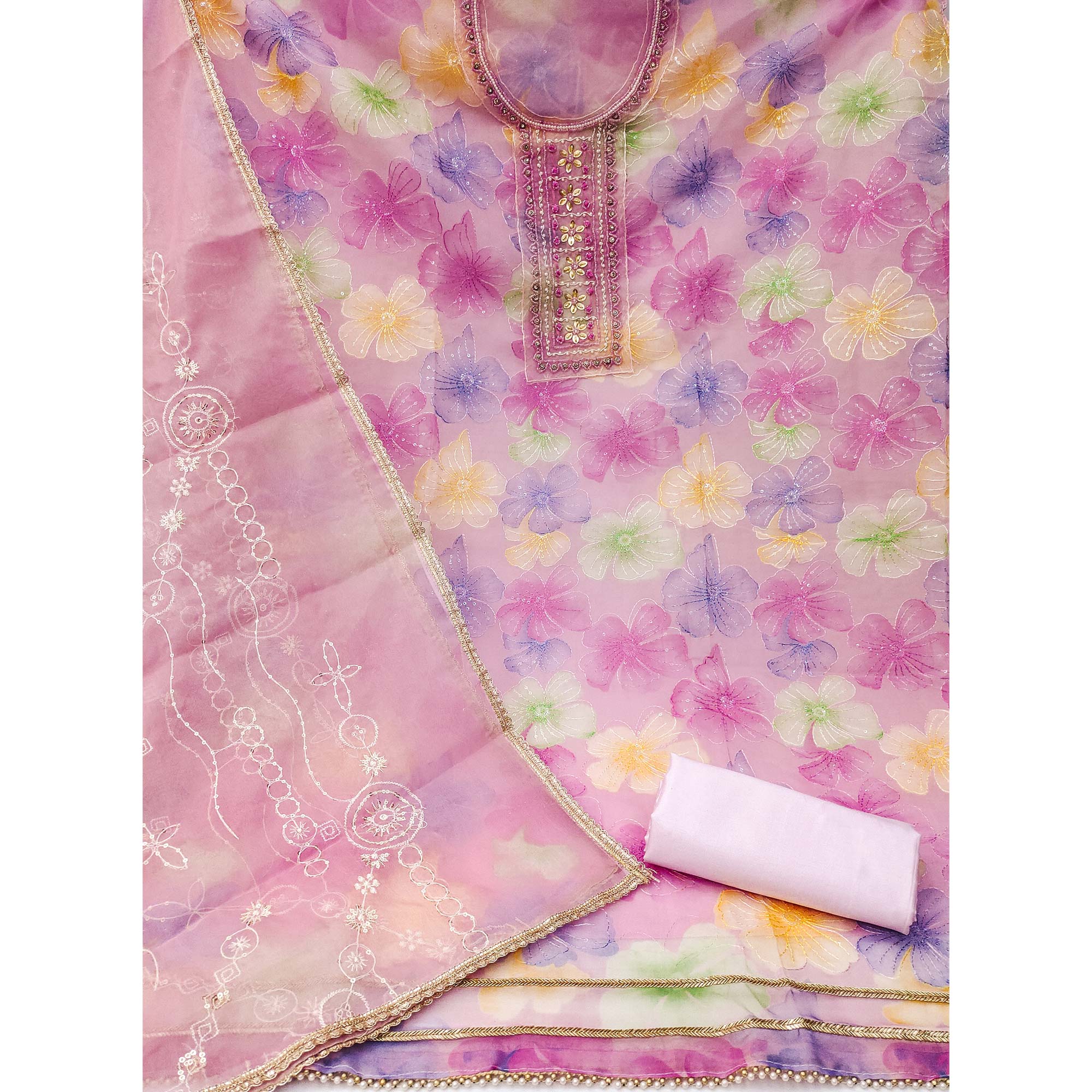 Pink Floral Sequins Embroidery With Handwork Organza Dress Material