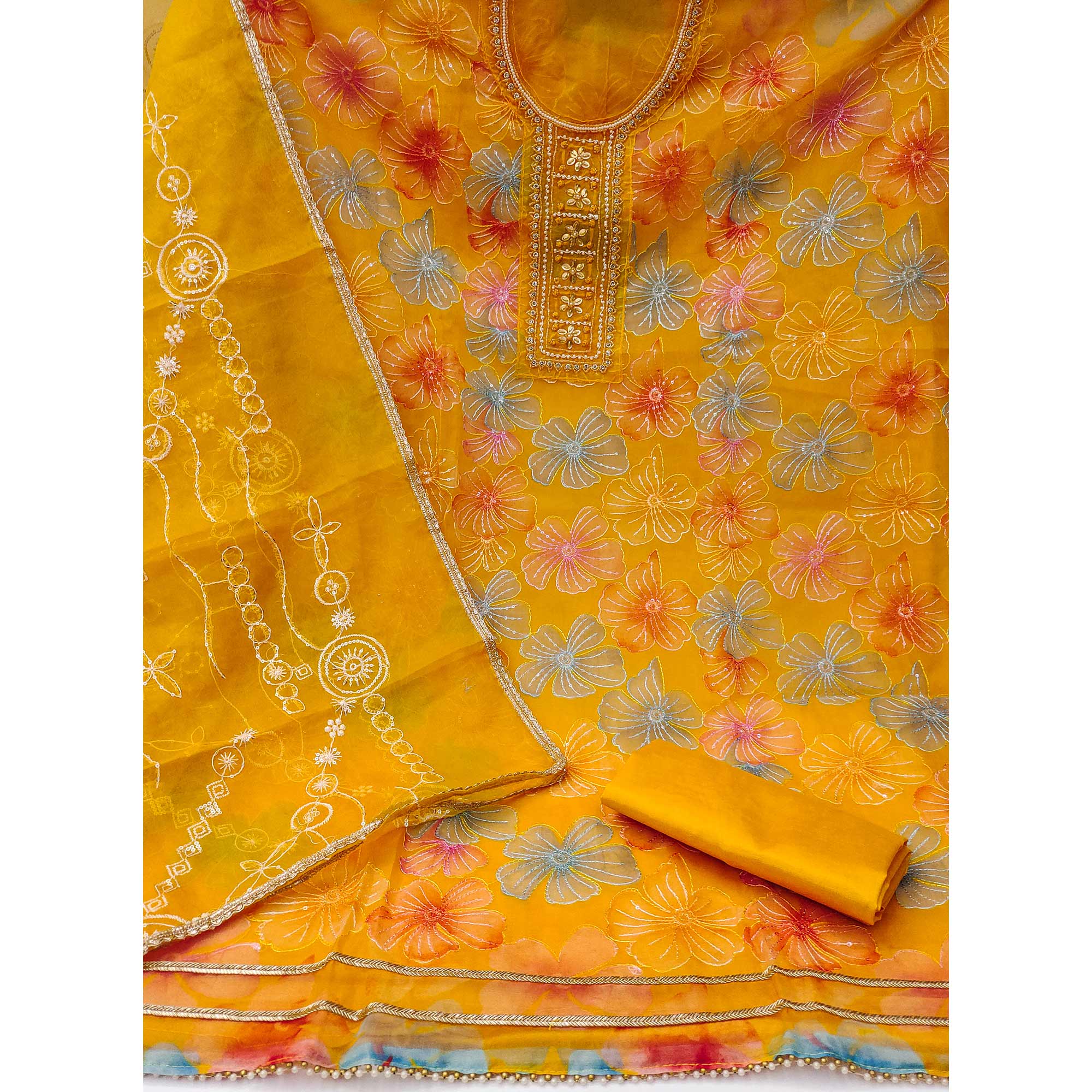 Yellow Floral Sequins Embroidery With Handwork Organza Dress Material