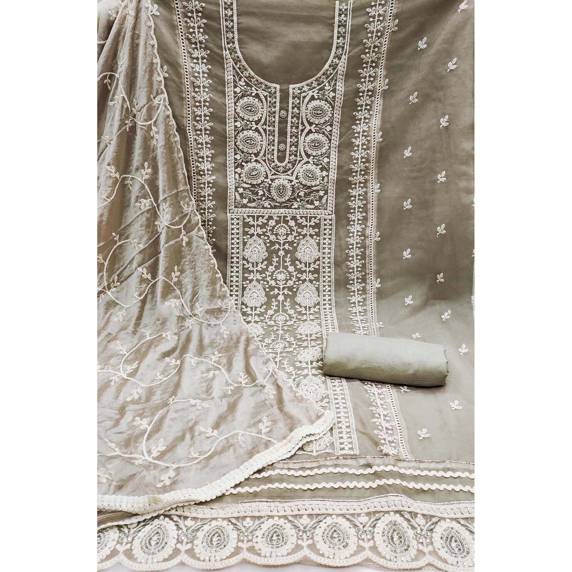 Light Grey Floral Sequins Embroidered Organza Dress Material