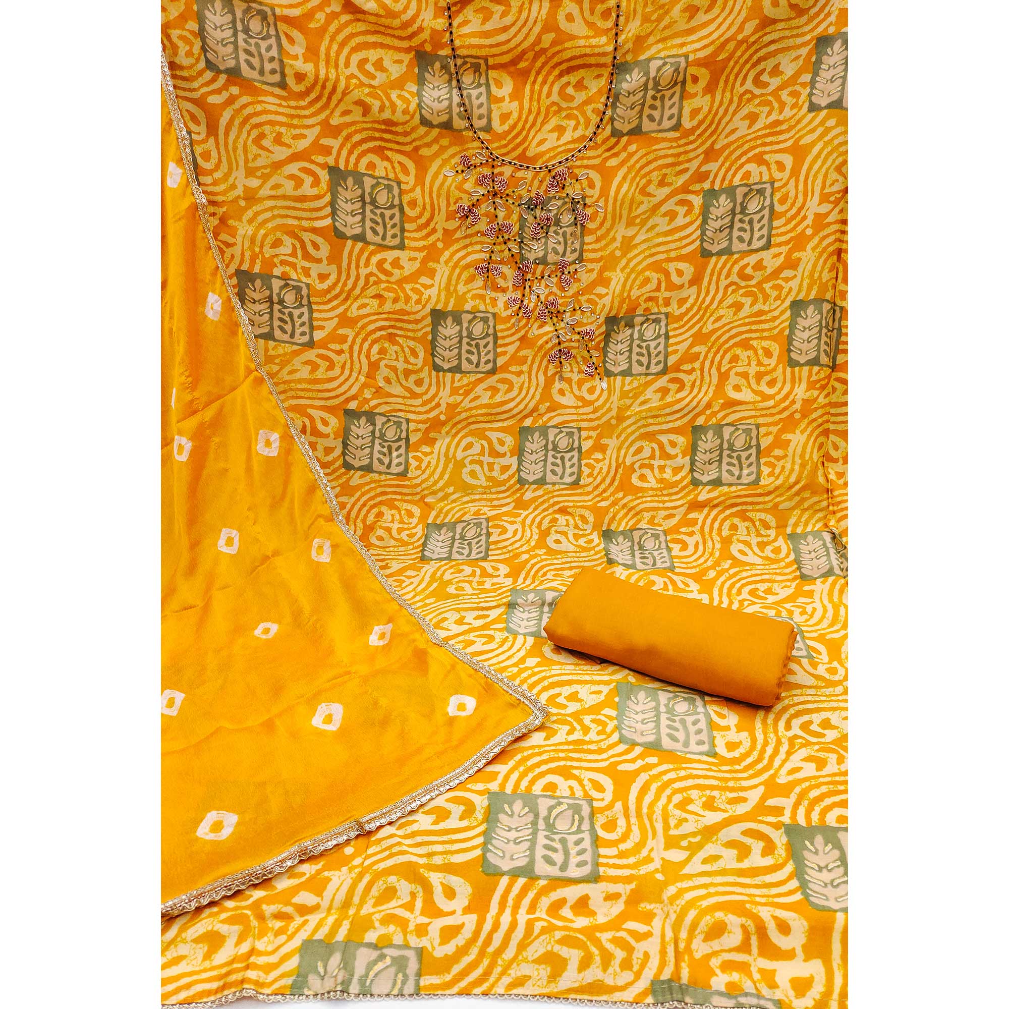 Yellow Printed With Handwork Cotton Silk Dress Material