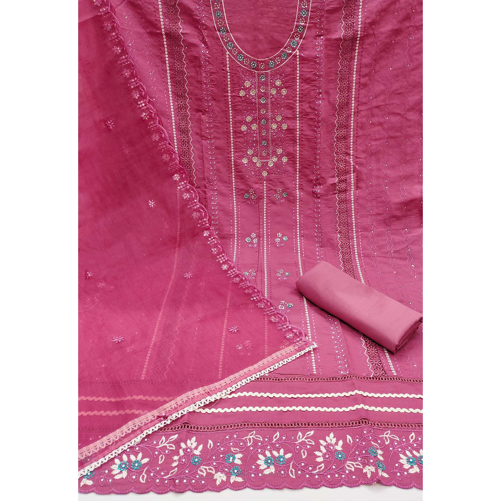 Pink Floral Embroidery With Stonework Roman Cotton Silk Dress Material