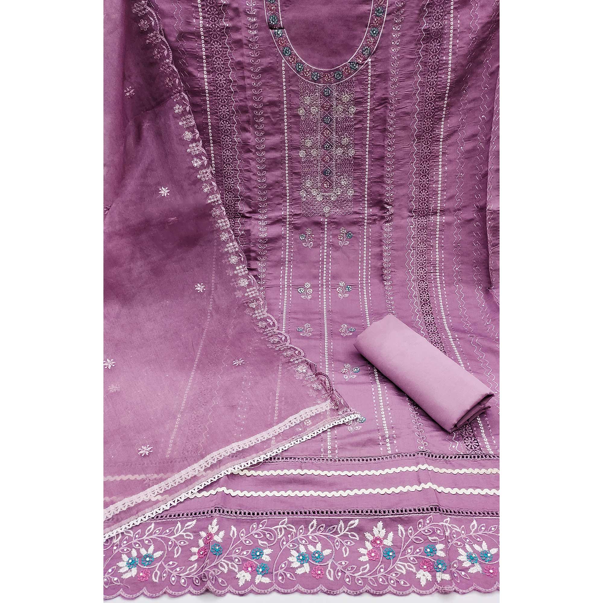 Purple Floral Embroidery With Stonework Roman Cotton Silk Dress Material