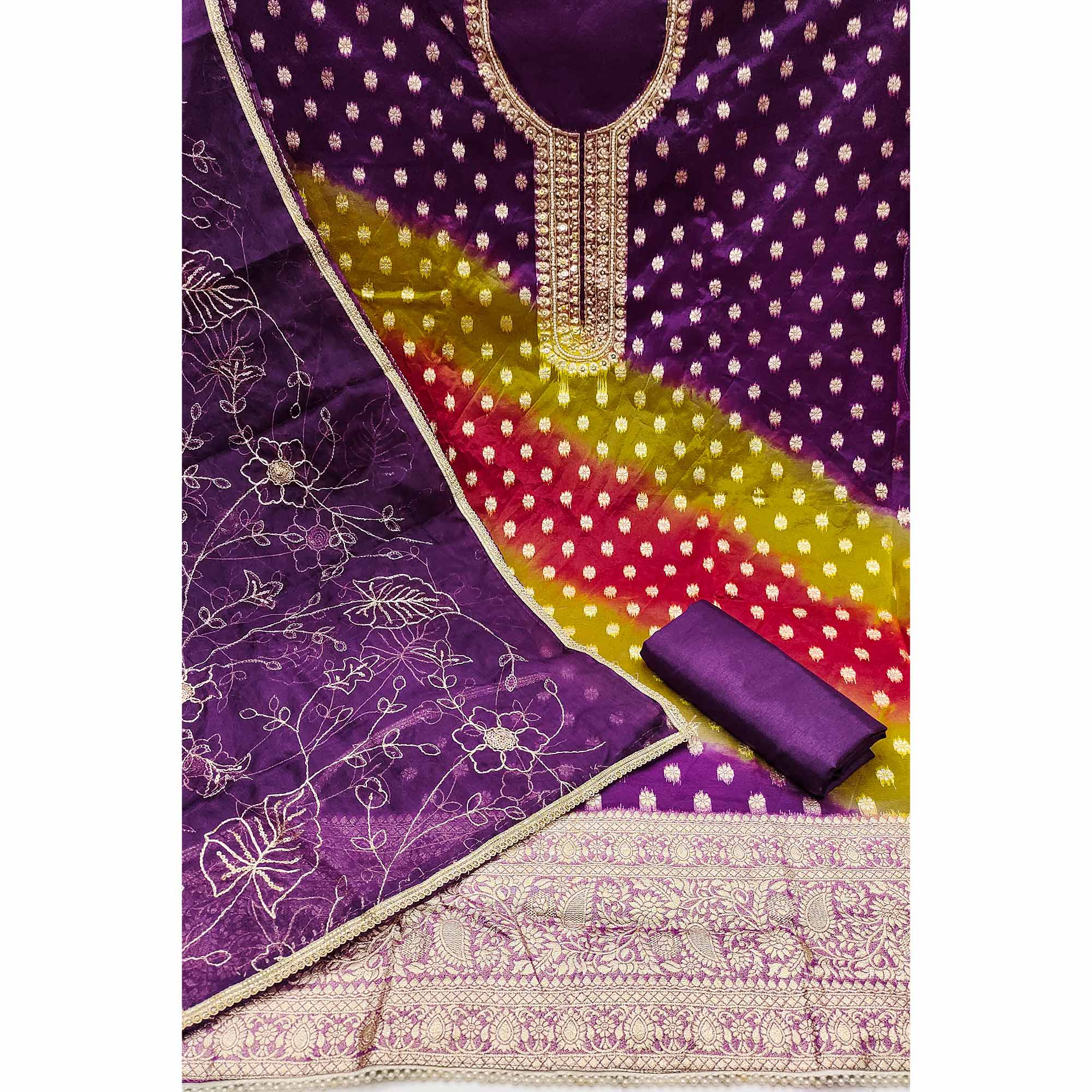 Purple Floral Woven With Handwork Organza Banarasi Dress Material