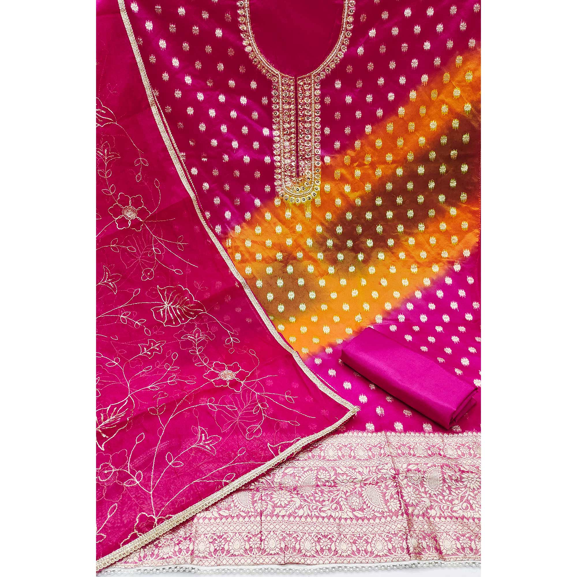 Rani Pink Floral Woven With Handwork Organza Banarasi Dress Material