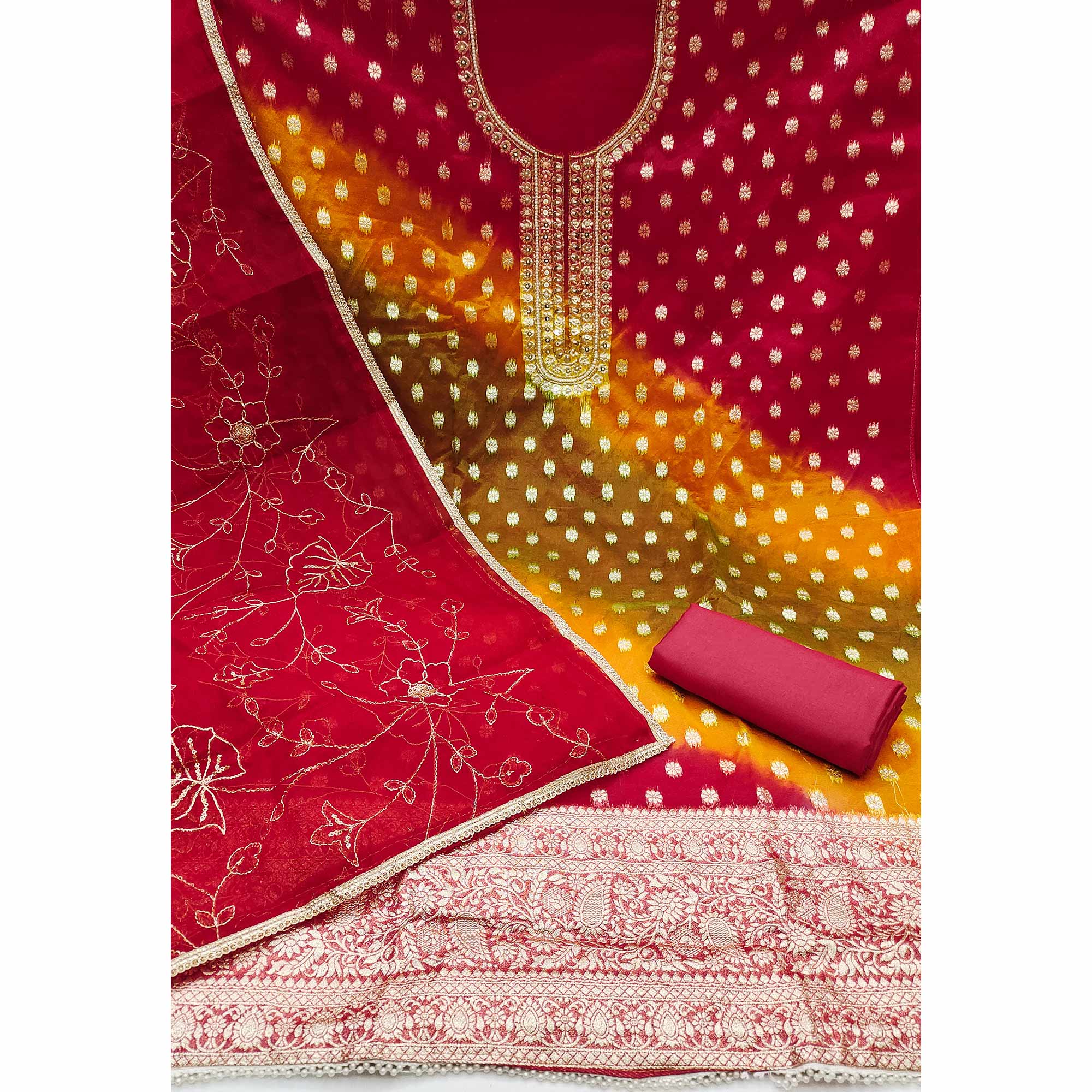 Red Floral Woven With Handwork Organza Banarasi Dress Material