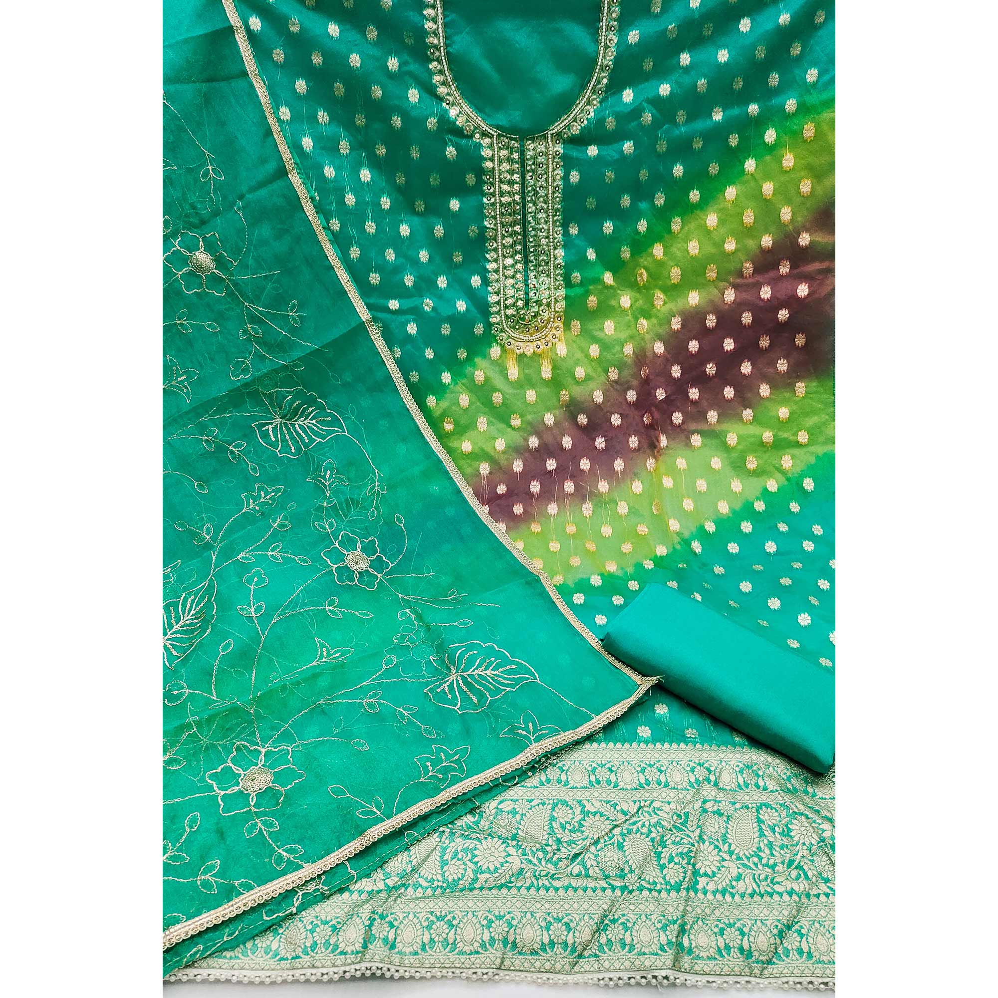 Rama Green Floral Woven With Handwork Organza Banarasi Dress Material