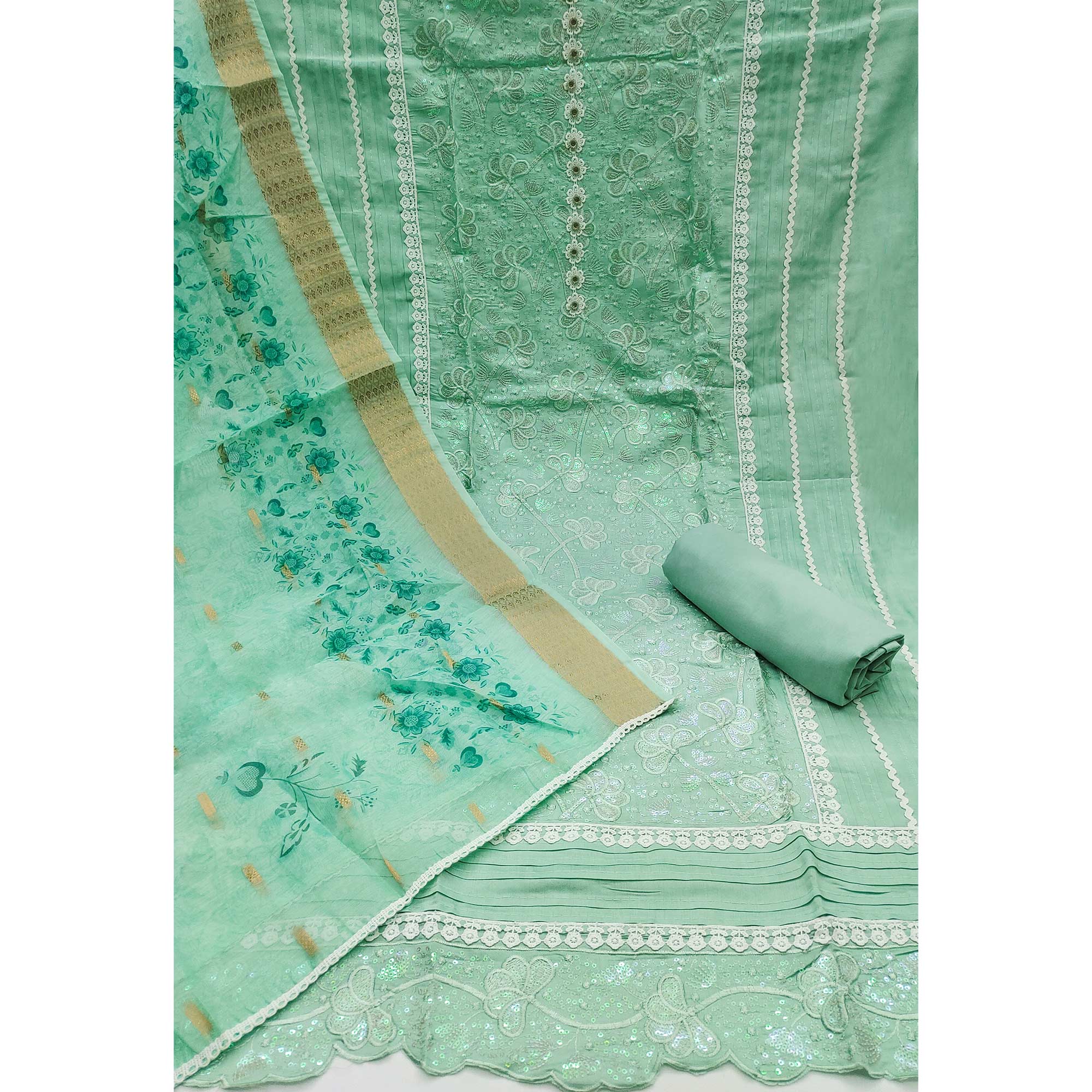 Sea Green Floral Sequins Embroidery Cotton Roman Silk Dress Material