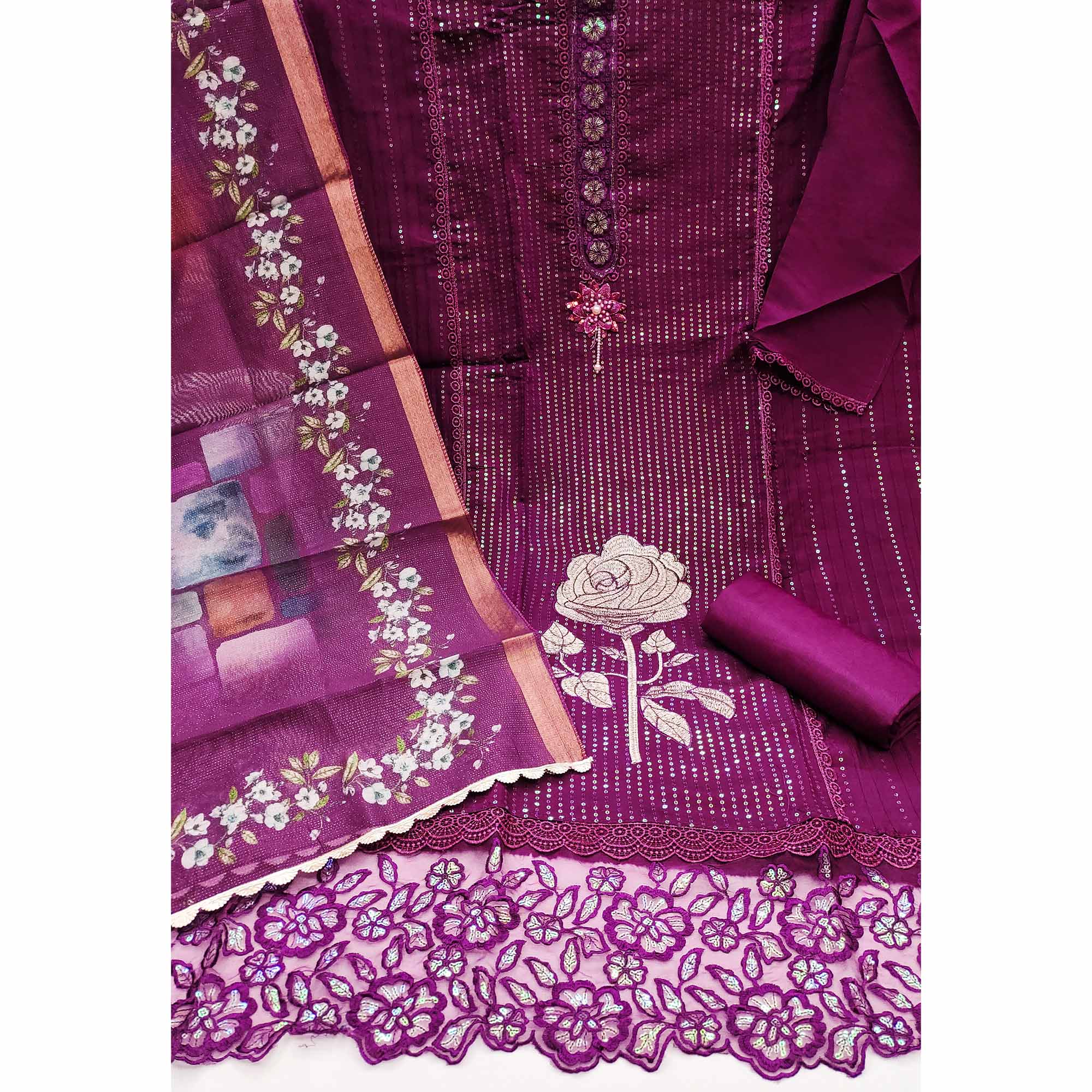 Purple Floral Sequins Embroidery Cotton Roman Silk Dress Material