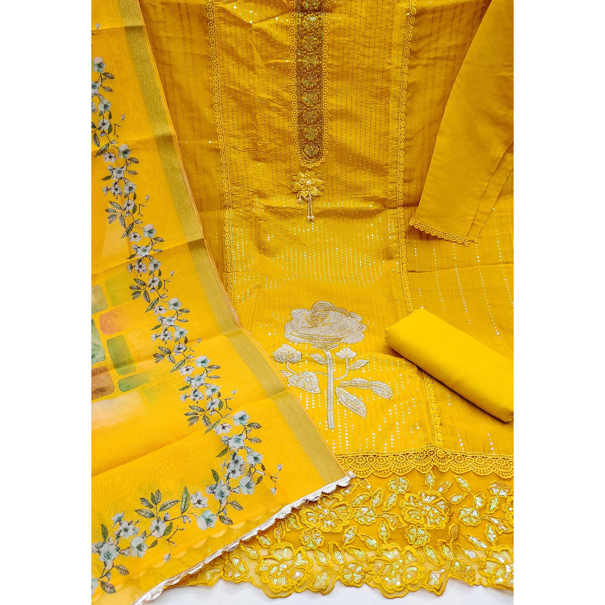 Yellow Floral Sequins Embroidery Cotton Roman Silk Dress Material