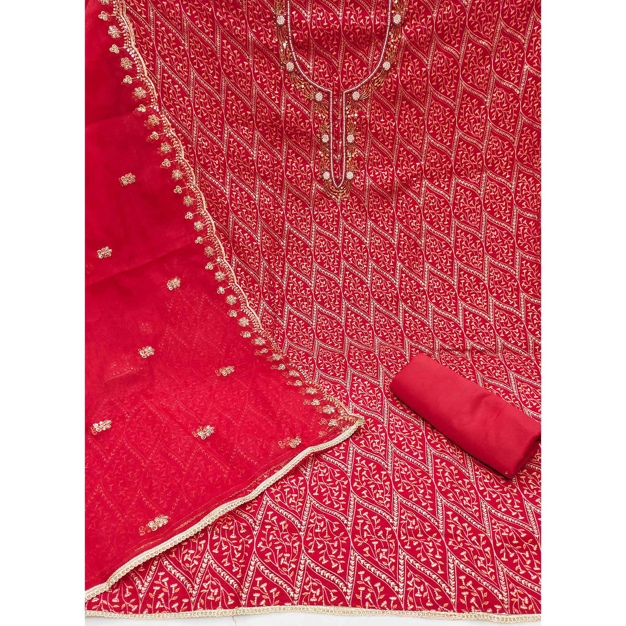 Red Foil Printed With Handwork Cotton Roman Silk Dress Material