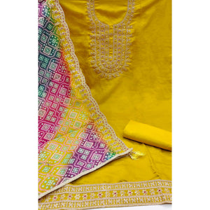 Yellow Floral Embroidery With Stonework Roman Cotton Silk Dress Material