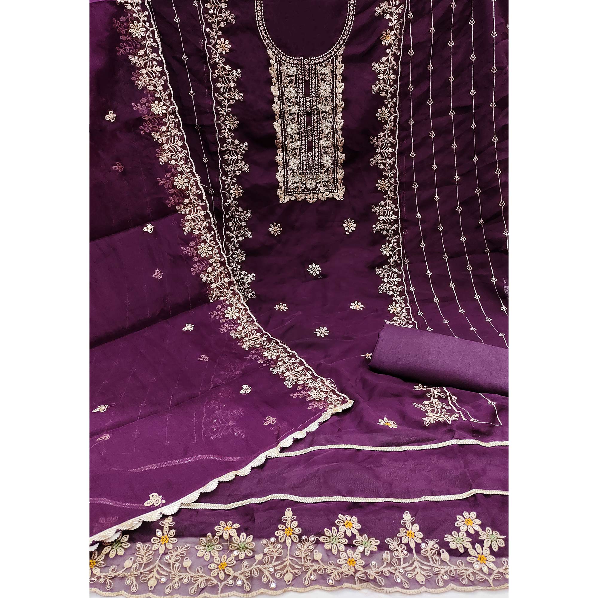 Wine Floral Handwork Embroidery Viscose Organza Dress Material