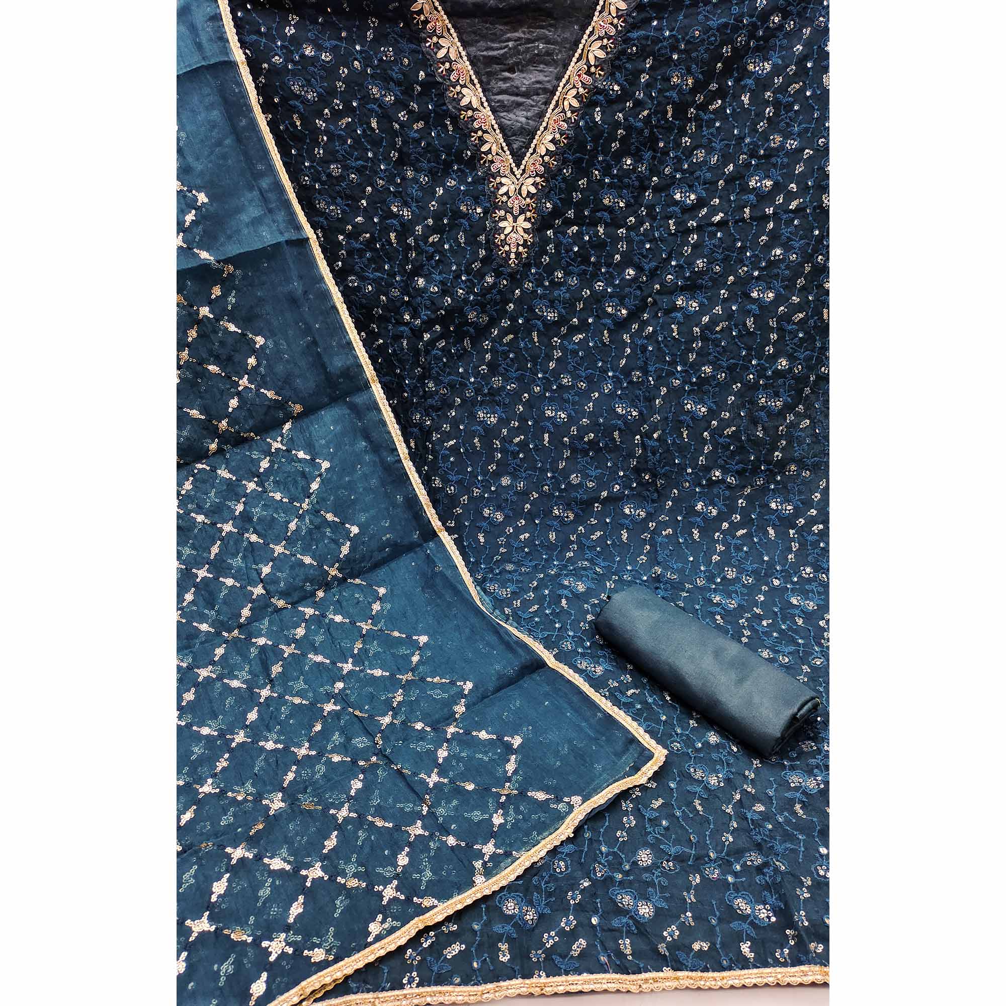 Blue Floral Sequins Embroidery With Handwork Organza Dress Material