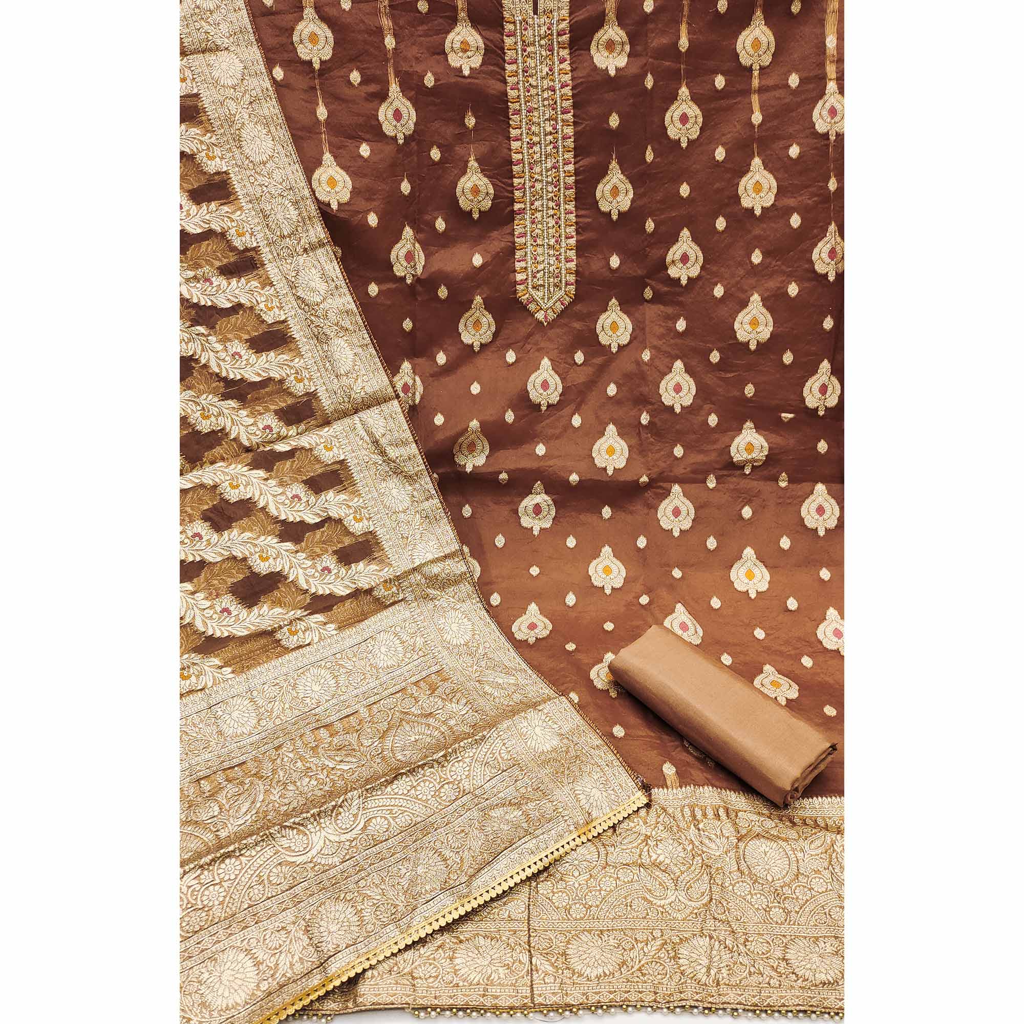 Brown Woven With Handwork Organza Banarasi Dress Material