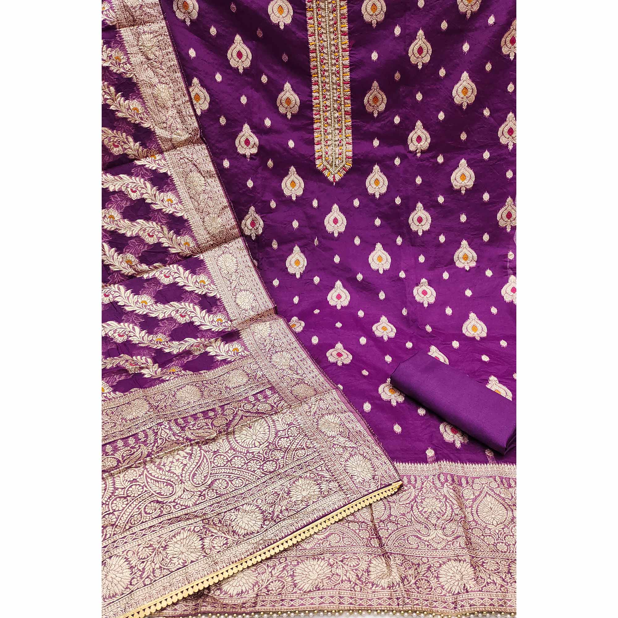 Purple Woven With Handwork Organza Banarasi Dress Material