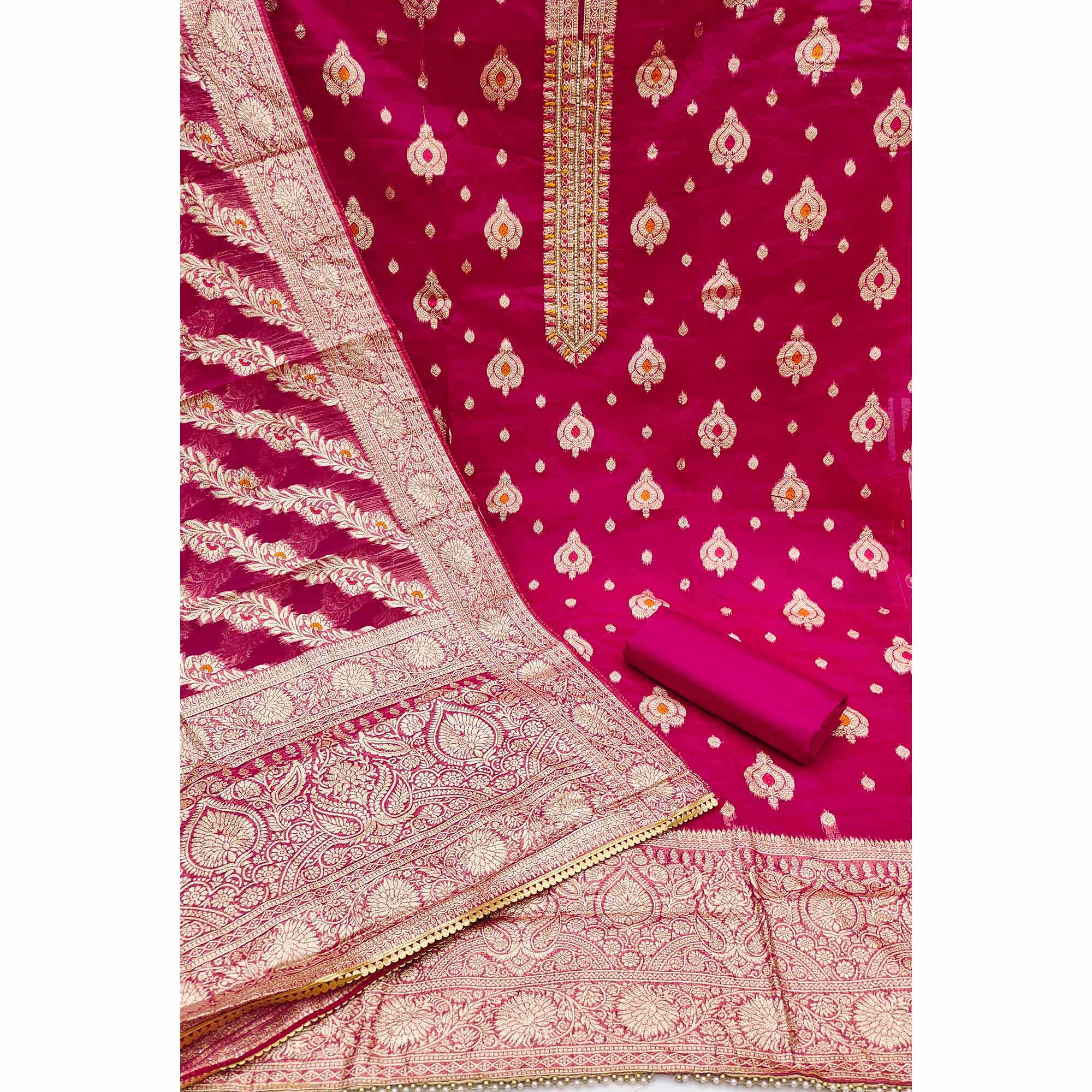 Rani Pink Woven With Handwork Organza Banarasi Dress Material