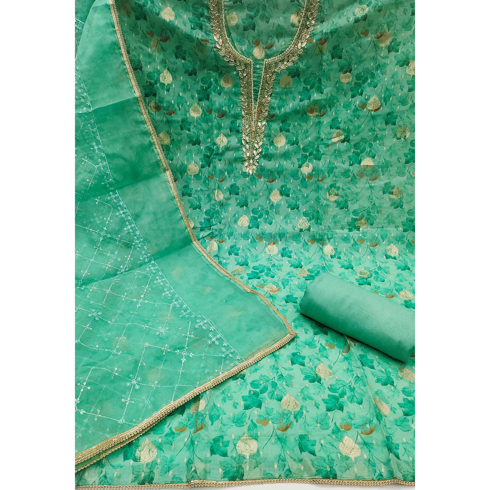 Sea Green Floral Woven With Handwork Viscose Banarasi Dress Material