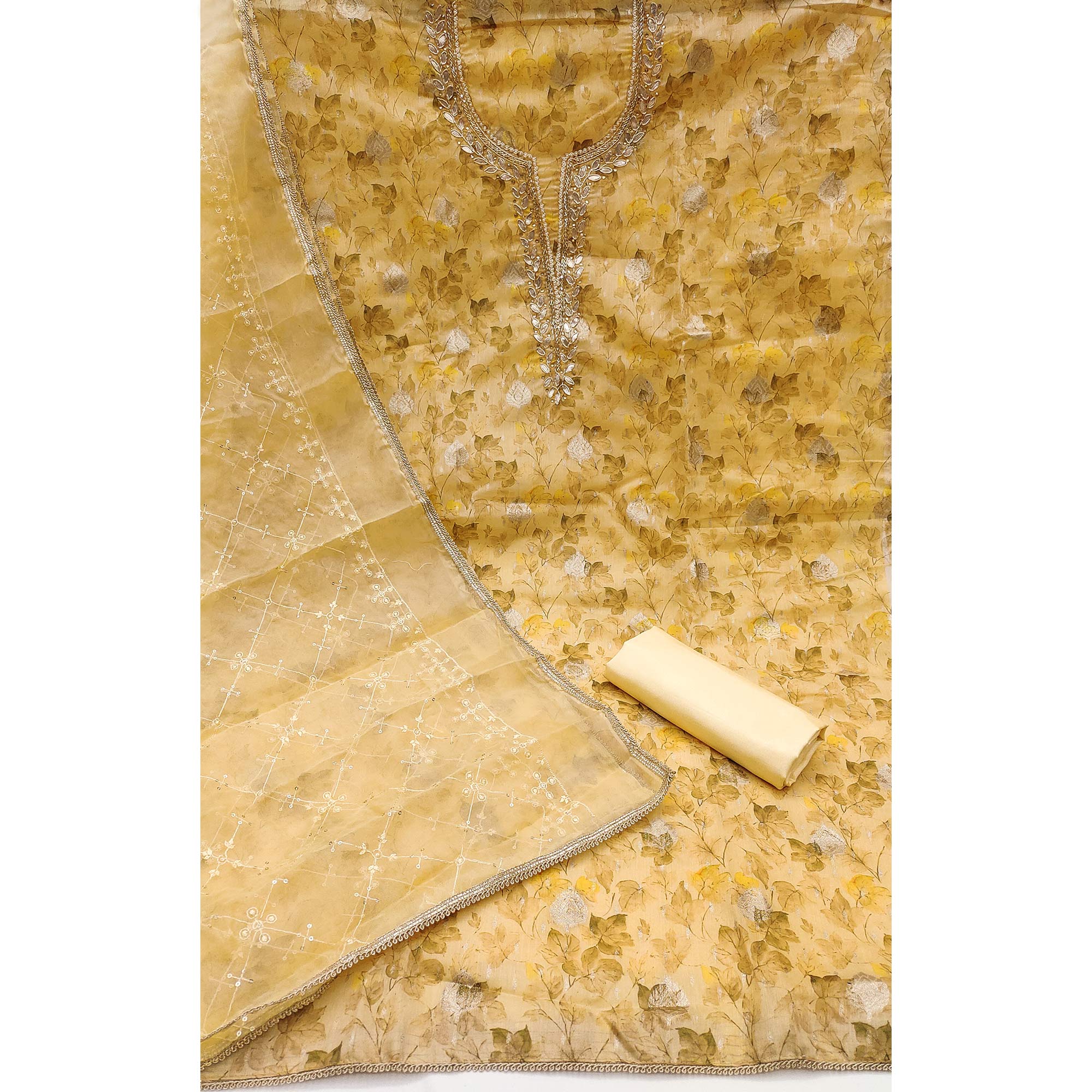 Yellow Floral Woven With Handwork Viscose Banarasi Dress Material