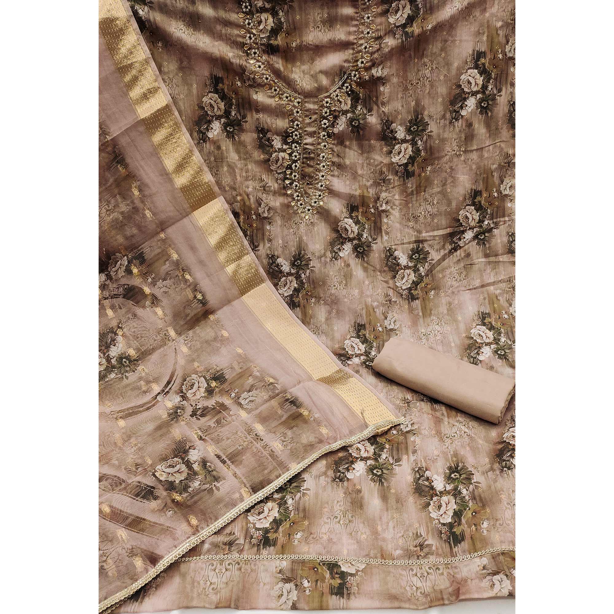 Brown Floral Printed With Handwork Muslin Dress Material
