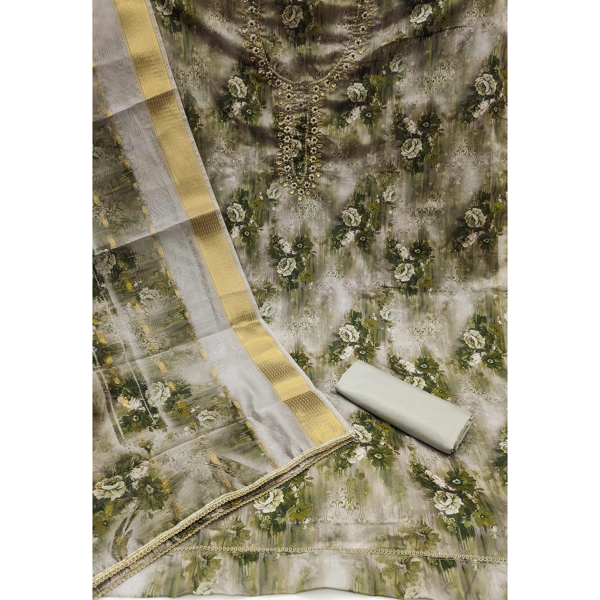 Green Floral Printed With Handwork Muslin Dress Material