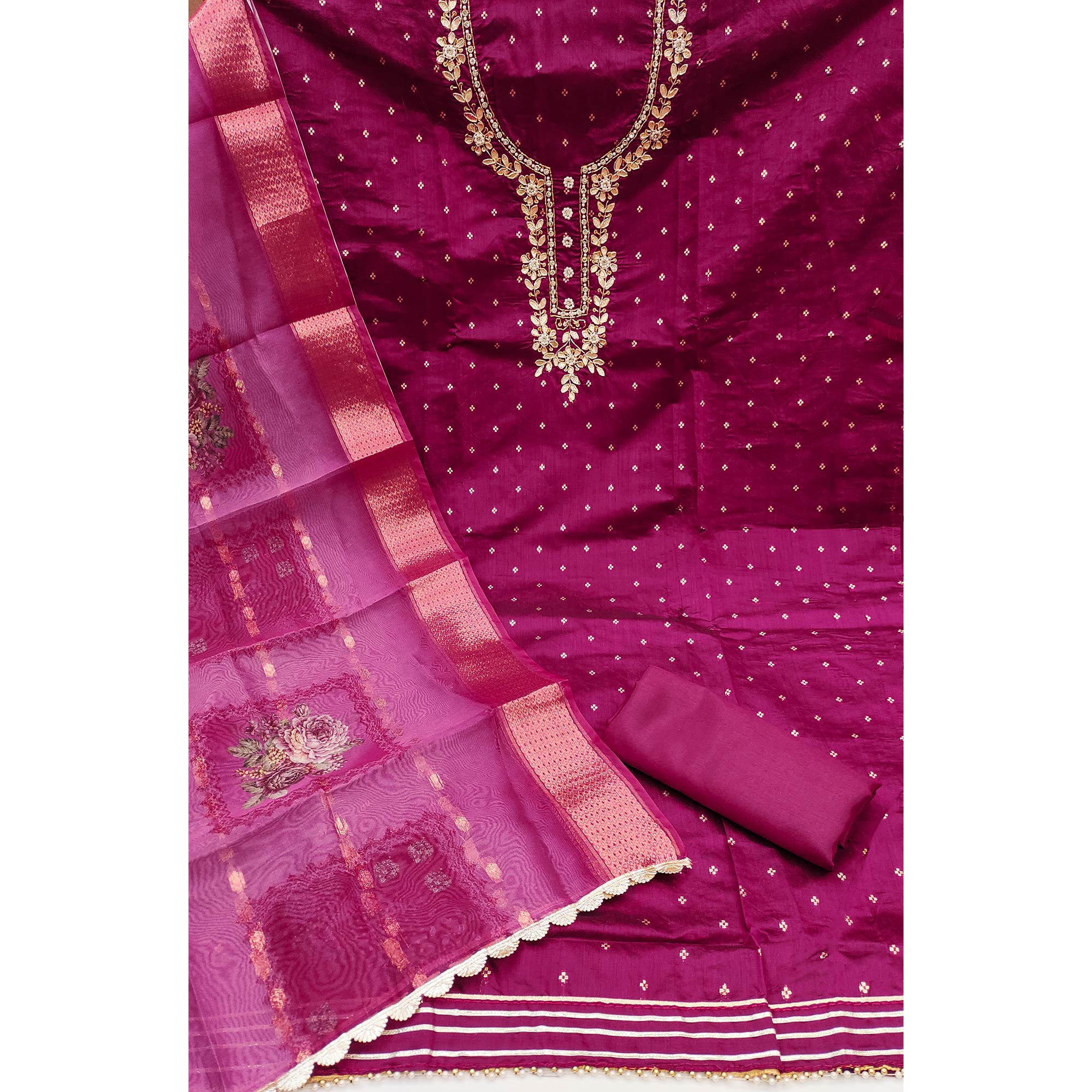 Magenta Floral Moti With Gota Patti Handwork Banaarasi Silk Dress Material