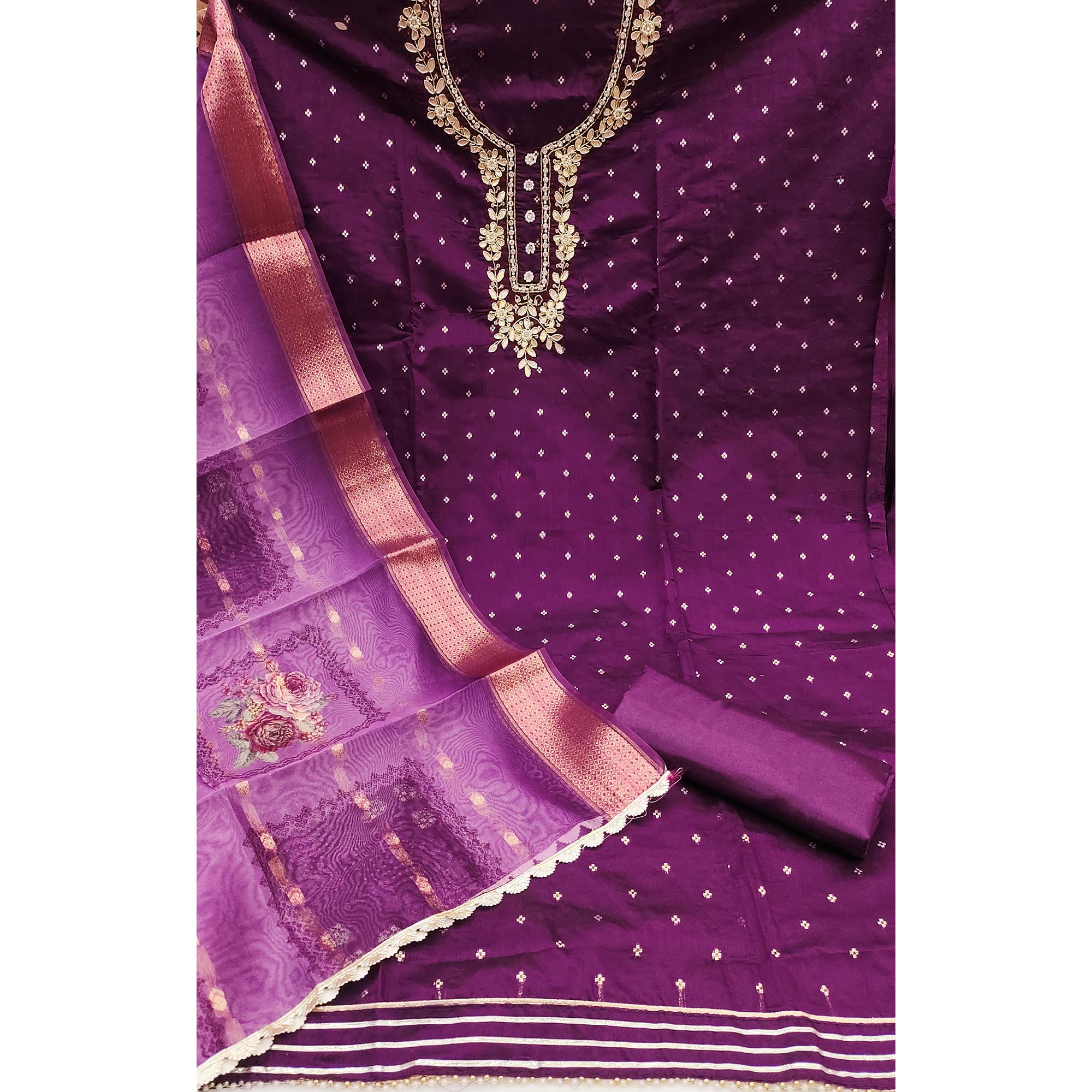 Purple Floral Moti With Gota Patti Handwork Banaarasi Silk Dress Material