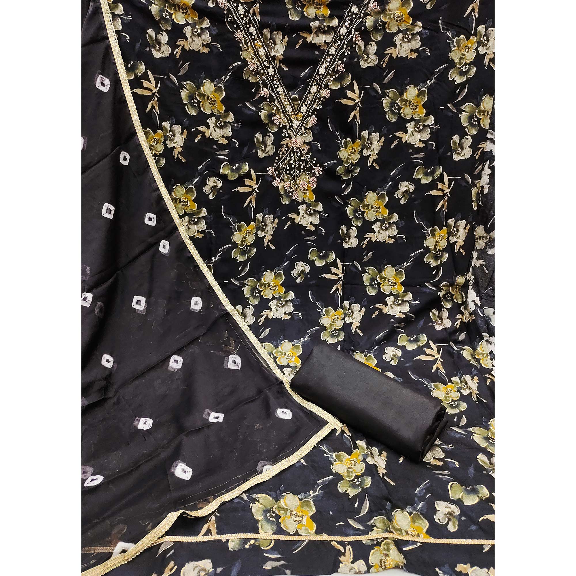 Black Floral Printed With Handwork Pure Cotton Dress Material