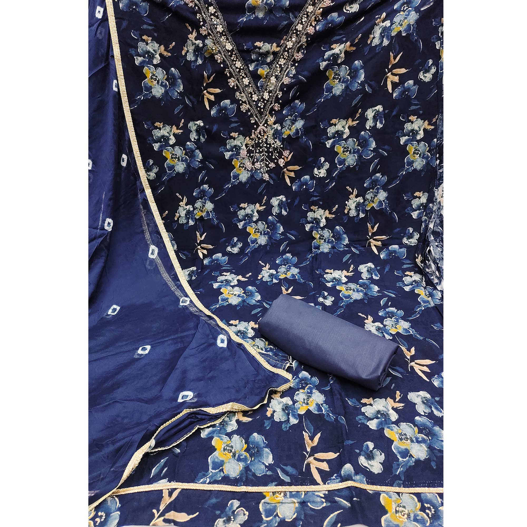 Blue Floral Printed With Handwork Pure Cotton Dress Material