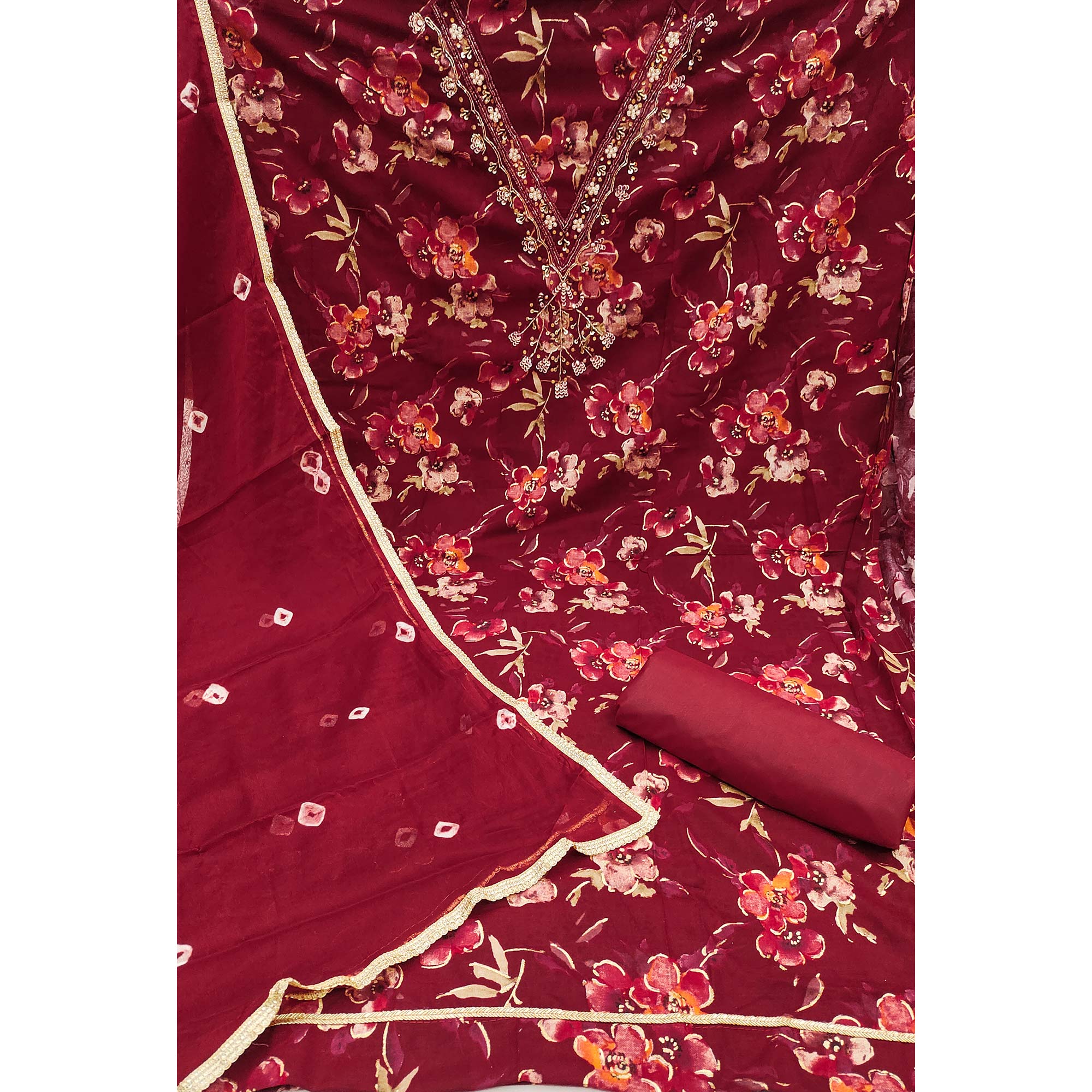 Dark Red Floral Printed With Handwork Pure Cotton Dress Material